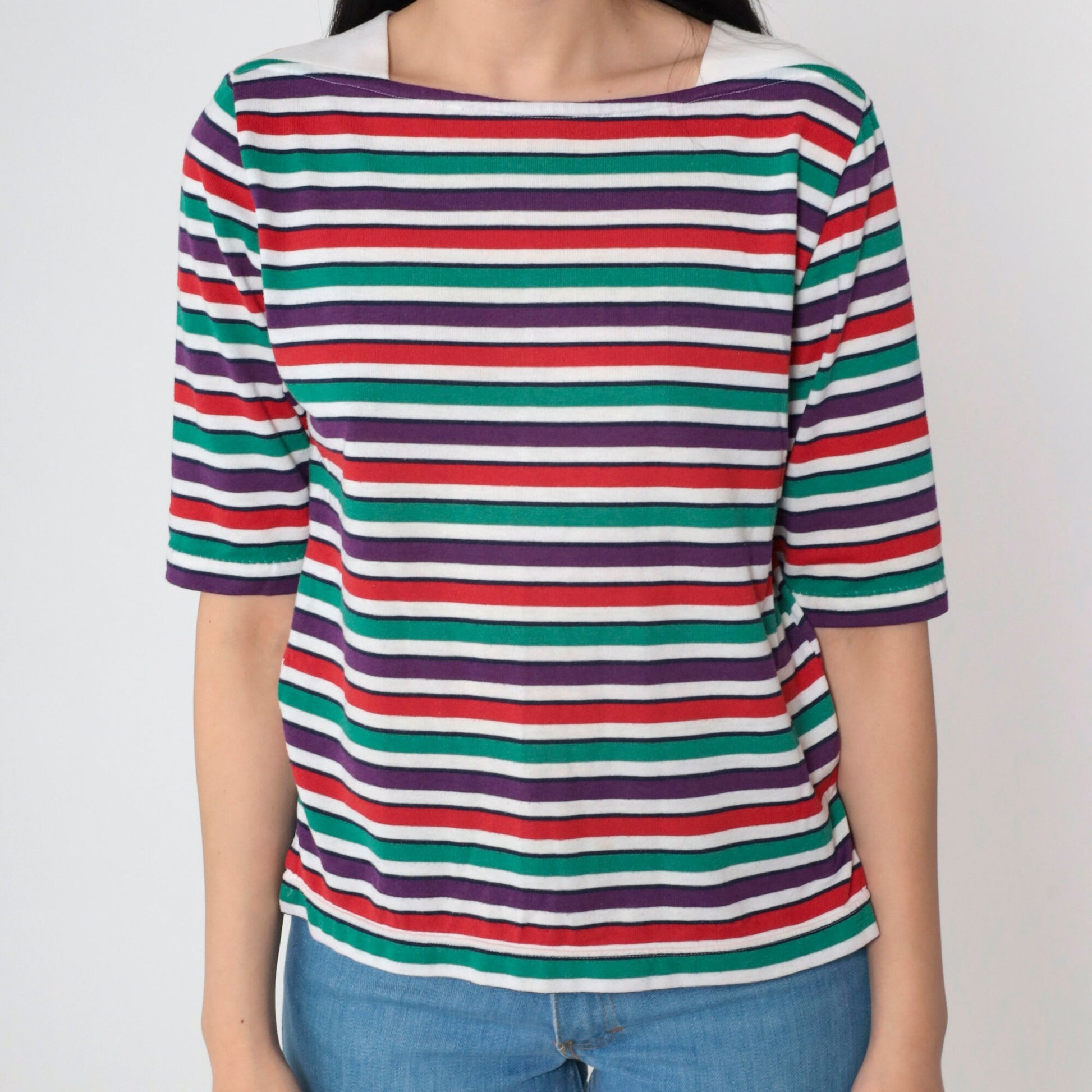 90s Multistripe Boatneck T-Shirt Short Sleeve Red Green Purple Small