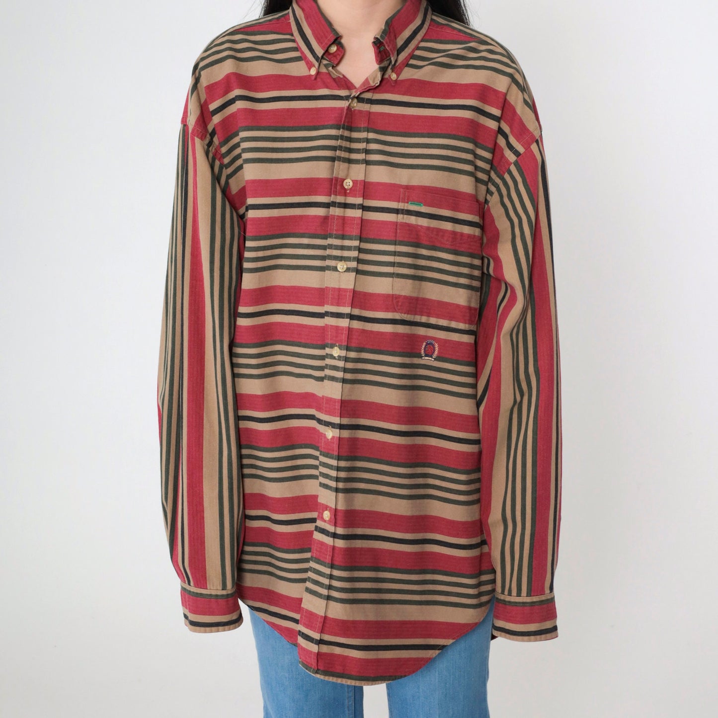 90s Tommy Hilfiger Striped Oxford Button Up Red Brown Cotton Large