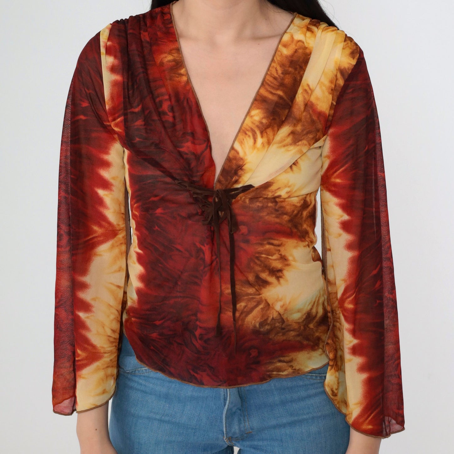 Y2K Tie Dye Mesh Lace Up Corset Blouse Bell Sleeve V Neck Small S