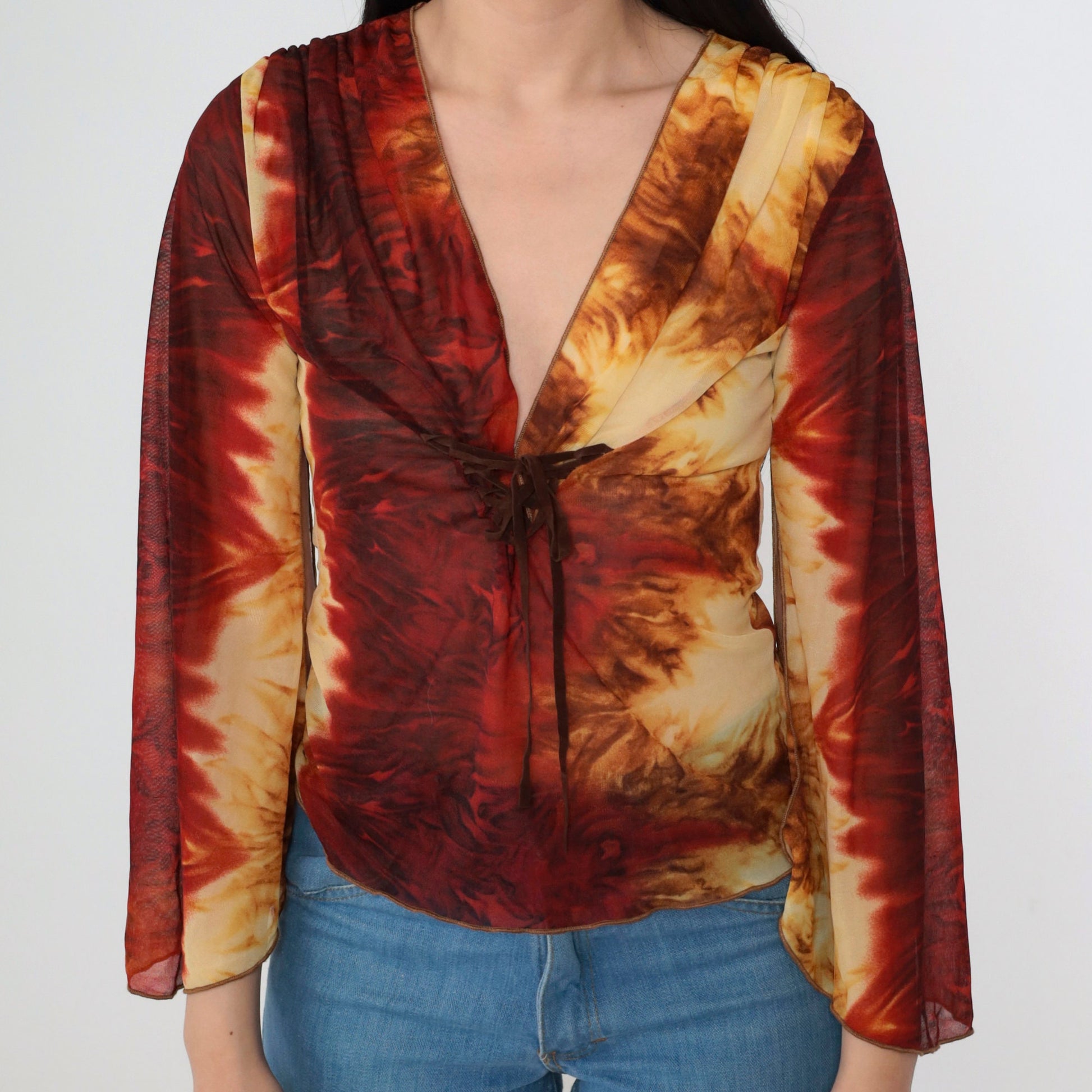 Y2K Tie Dye Mesh Lace Up Corset Blouse Bell Sleeve V Neck Small S