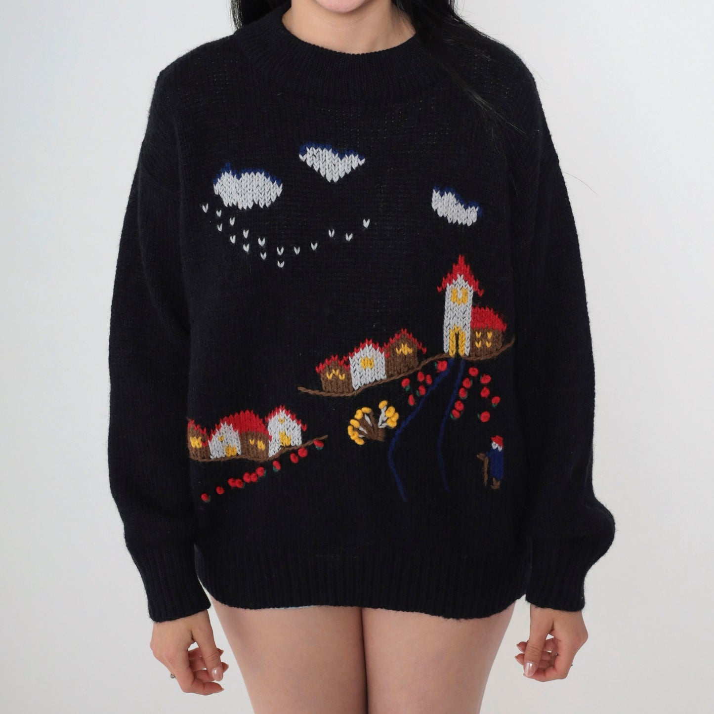 80s Lilly of California Country Village Sweater Black Knit Crewneck Medium