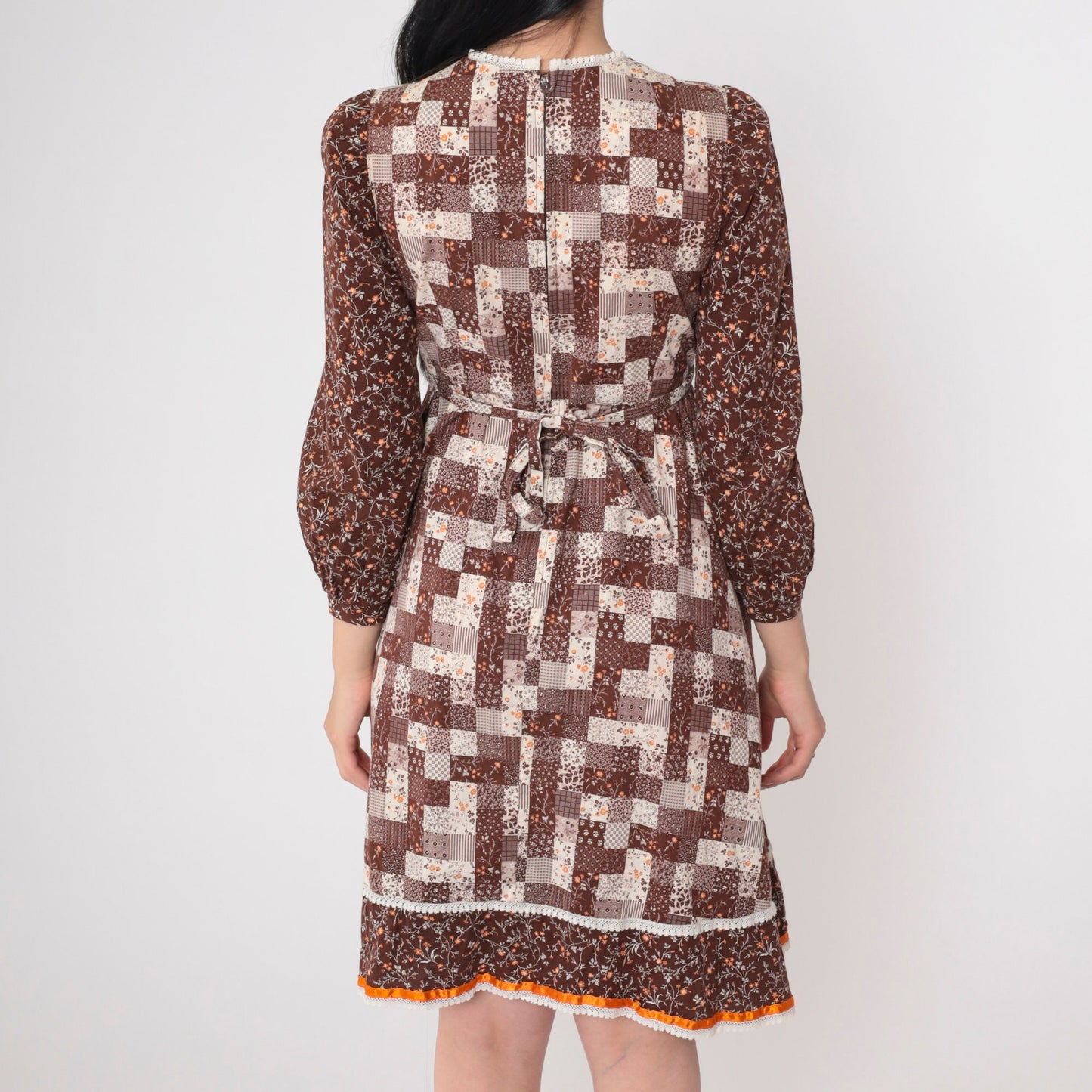 70s Calico Floral Mini Dress Puff Sleeve Patchwork Brown Cotton