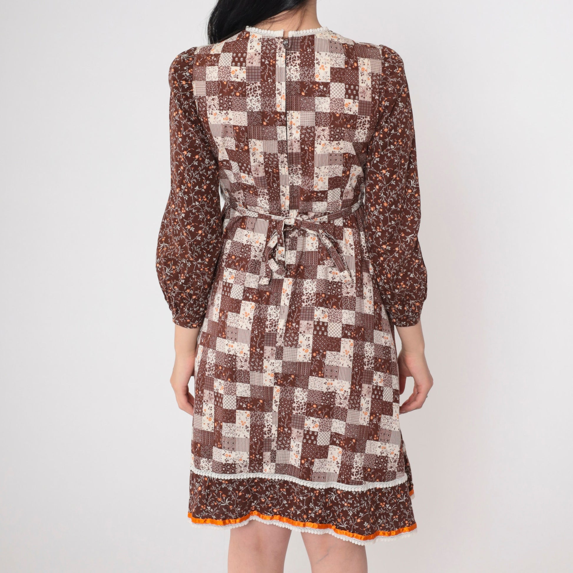 70s Calico Floral Mini Dress Puff Sleeve Patchwork Brown Cotton