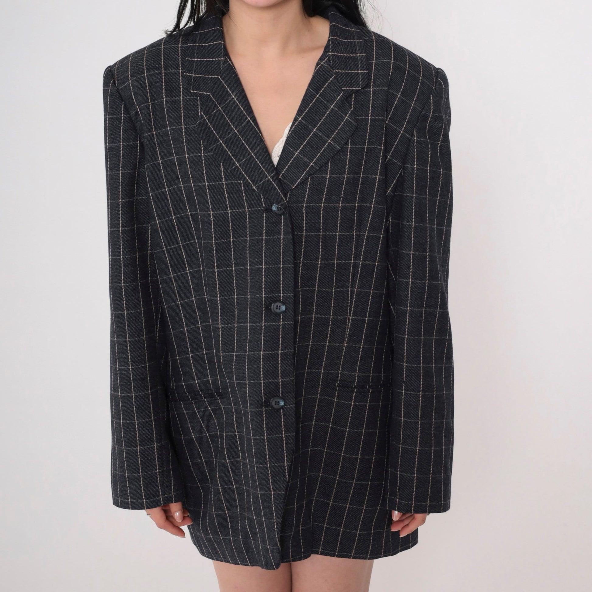 90s Amanda Smith Wool Blazer Charcoal Checkered Button-Up Extra Large