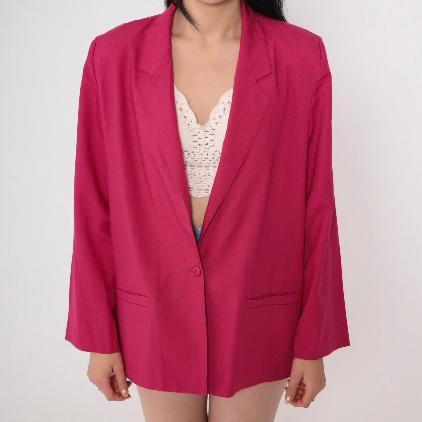 80s Fuchsia Pink Blazer Button-Up Jacket Single Breasted Medium M