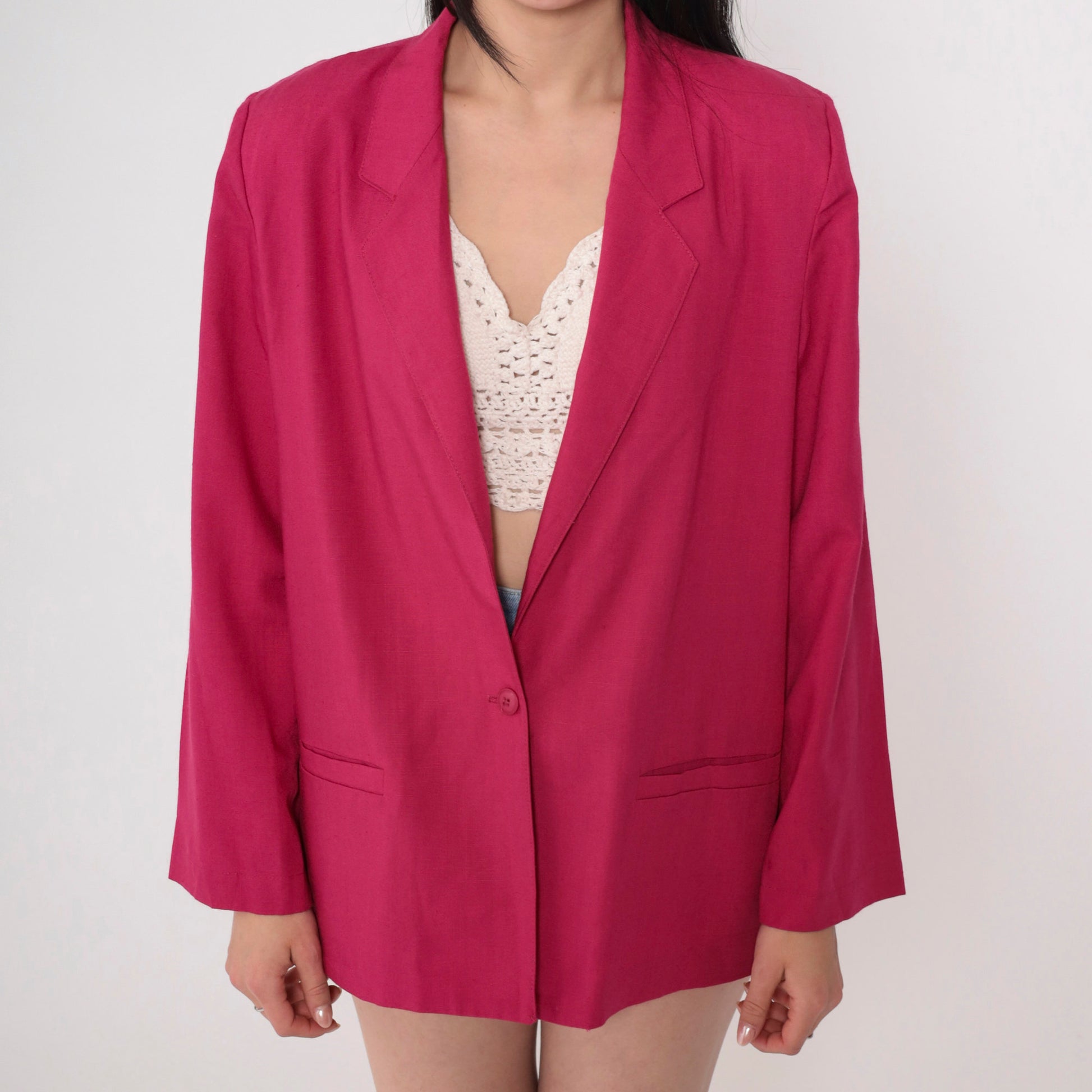 80s Fuchsia Pink Blazer Button-Up Jacket Single Breasted Medium M