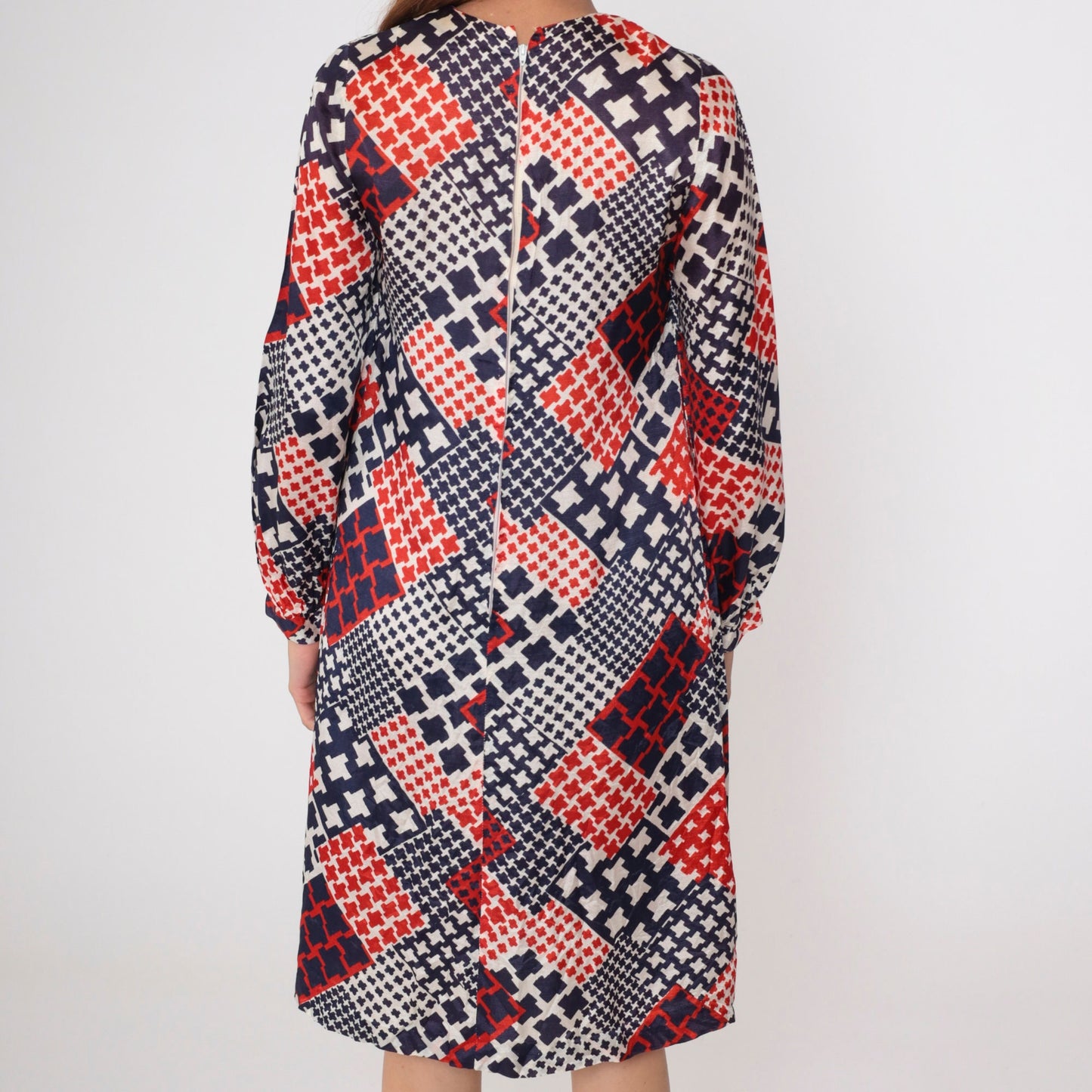 60s Mod Shift Dress Patchwork Houndstooth Red White Blue Small