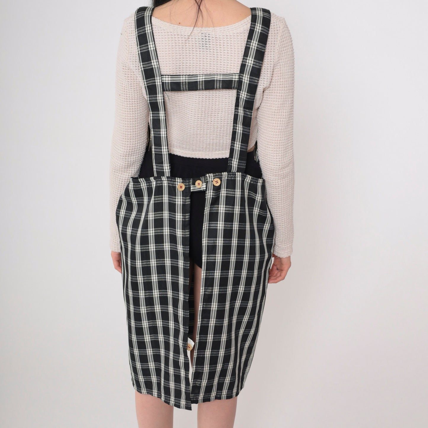 Y2K Santa Barbara Polo Plaid Apron Dress Black White Checkered Mini Open Back Small