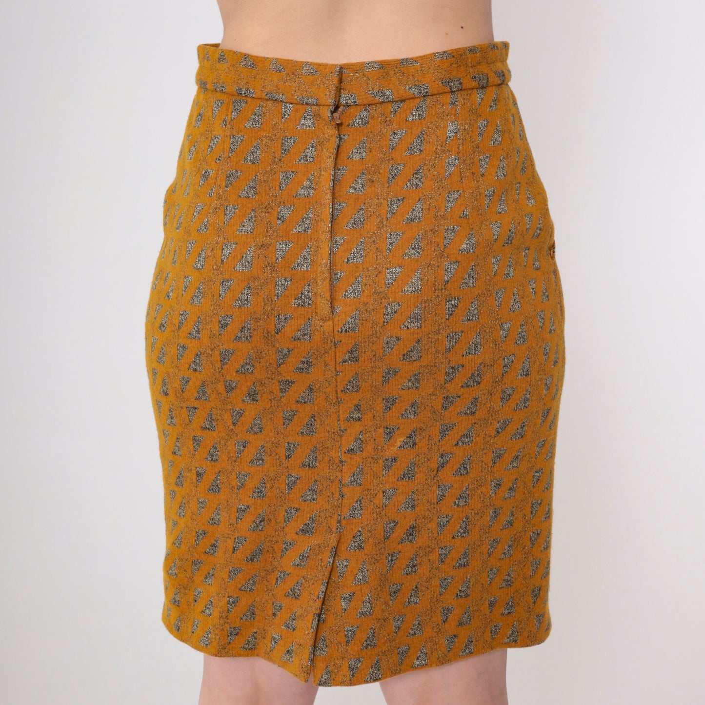 80s Orange Metallic Triangle Wool Blend Mini Pencil Skirt High Waist Small