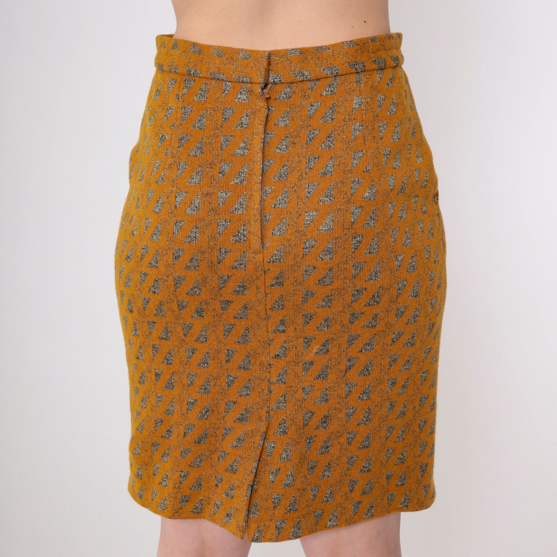 80s Orange Metallic Triangle Wool Blend Mini Pencil Skirt High Waist Small