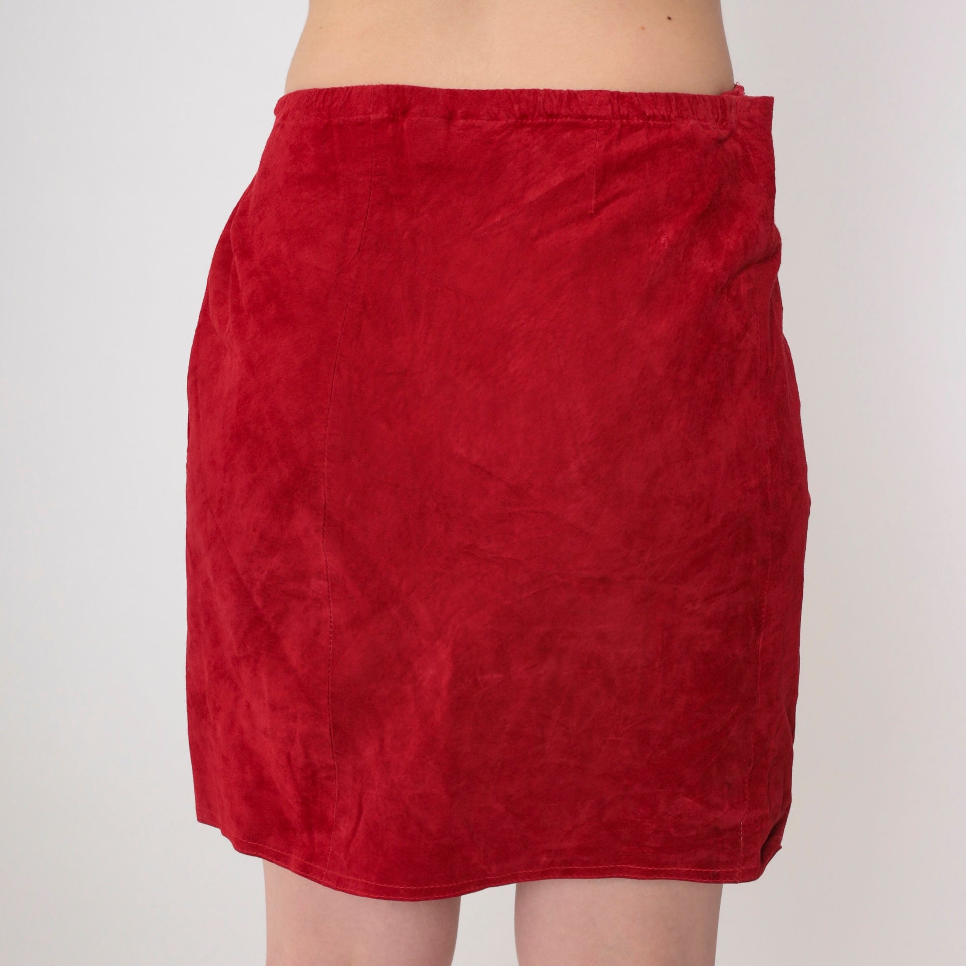 80s Red Suede Wrap Mini Skirt High Waisted Leather Small Medium