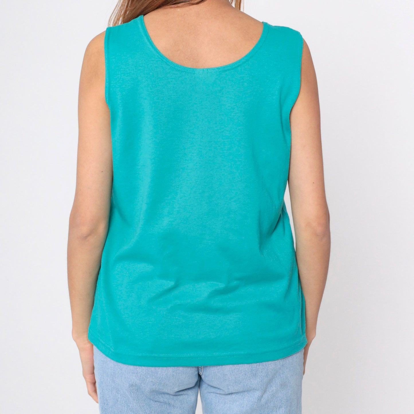 90s Teal Tank Top Floral Lace Trim Sleeveless Blouse Medium
