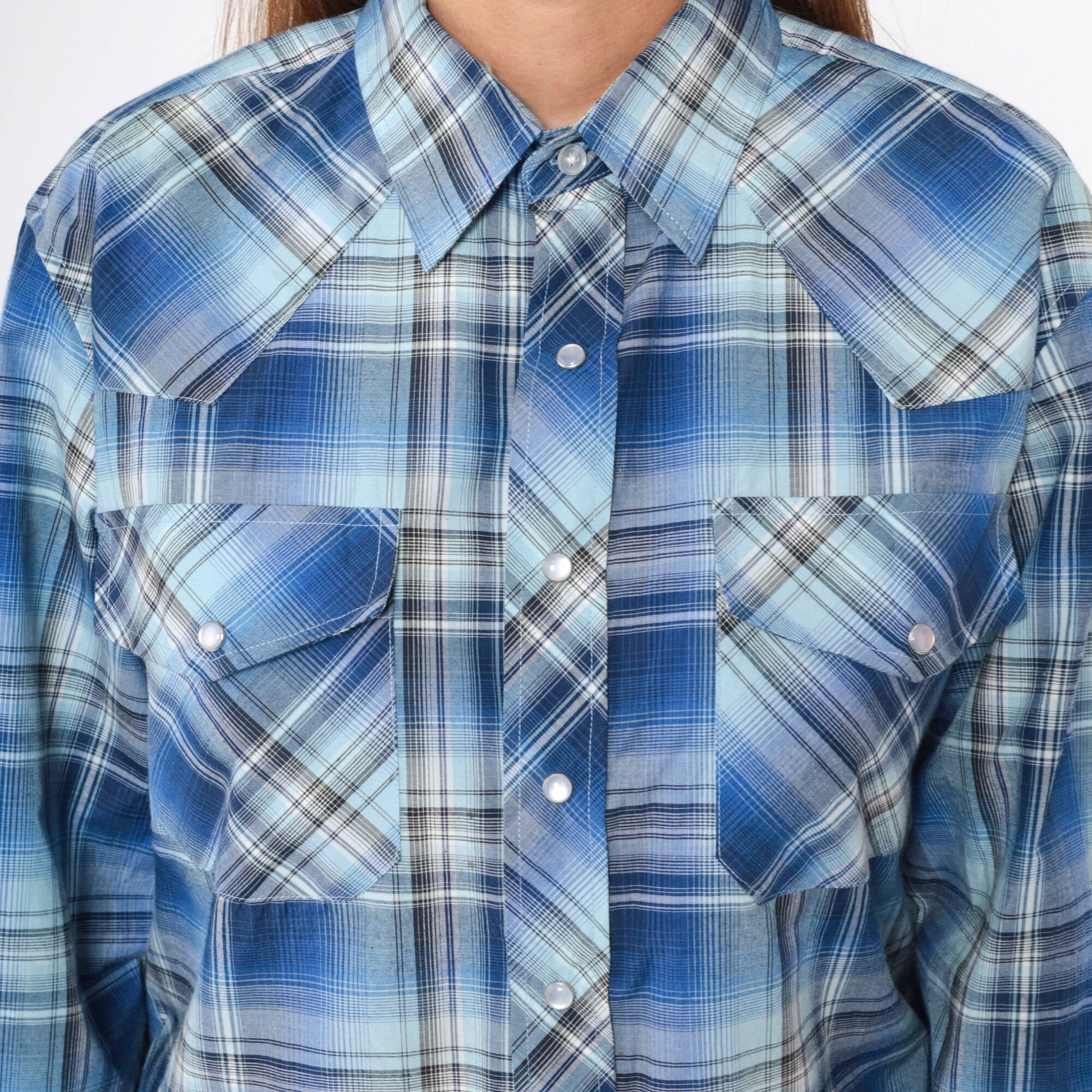 80s Haband Western Shirt Blue Plaid Pearl Snap Cowboy Small