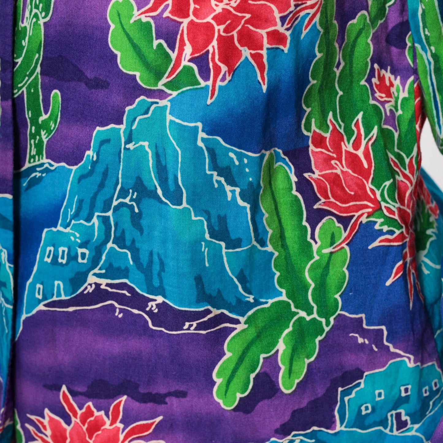90s Southwestern Cactus Keyhole Blouse Button Up Long Sleeve Blue Purple Medium
