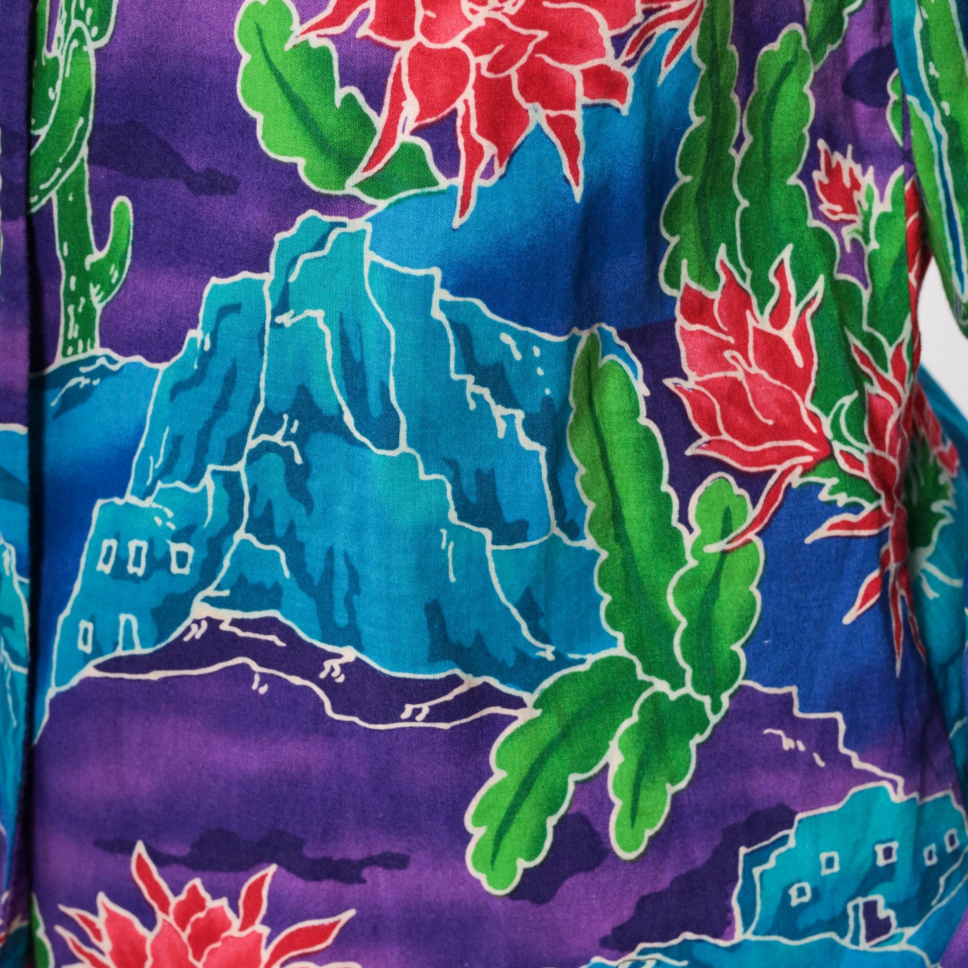 90s Southwestern Cactus Keyhole Blouse Button Up Long Sleeve Blue Purple Medium