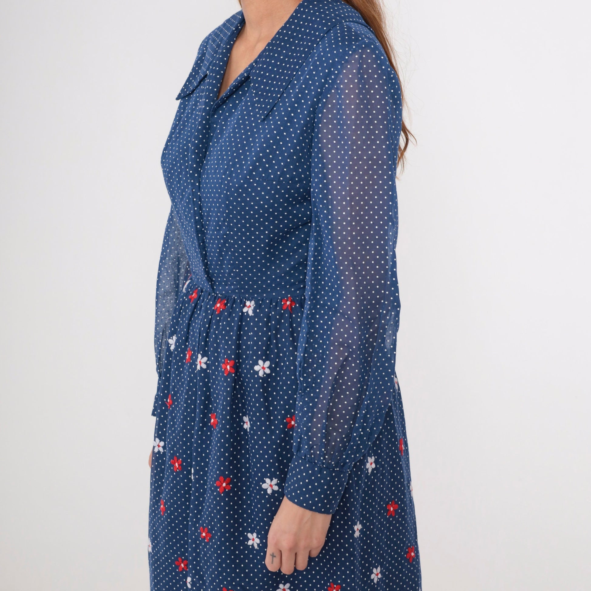 70s Blue Polka Dot Maxi Dress Floral Embroidered High Waist Sheer Sleeve Small