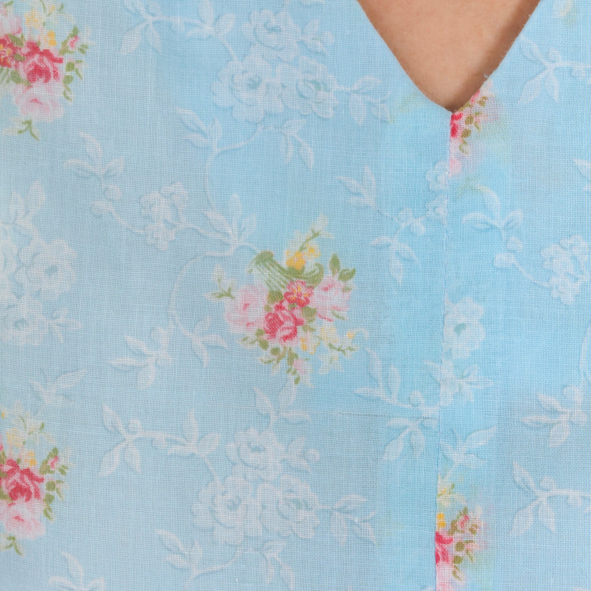 60s Blue Floral Midi Dress High Waisted V Neck Fit and Flare Small