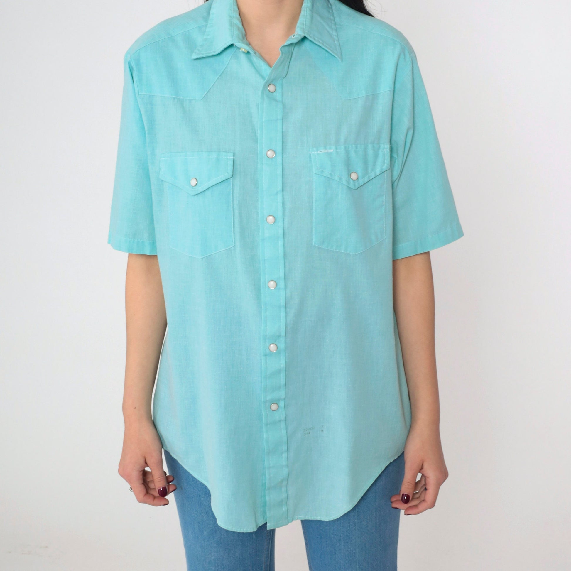 70s Charlie Brown Western Pearl Snap Shirt Blue Short Sleeve Men's Medium