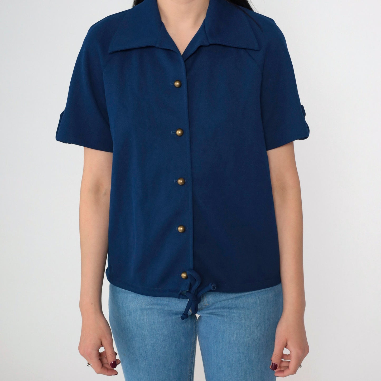 70s Navy Wing Collar Button-Up Blouse Short Roll Tab Sleeve Tie Front Medium
