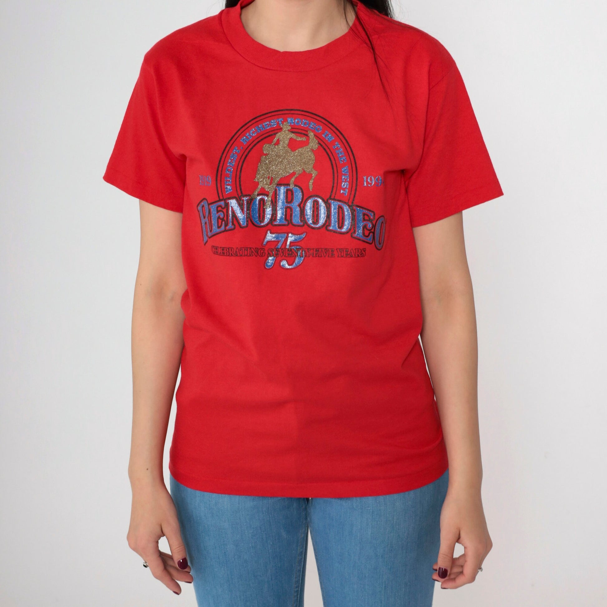 1994 Reno Rodeo Glitter Graphic T-Shirt Red Single Stitch Western Small