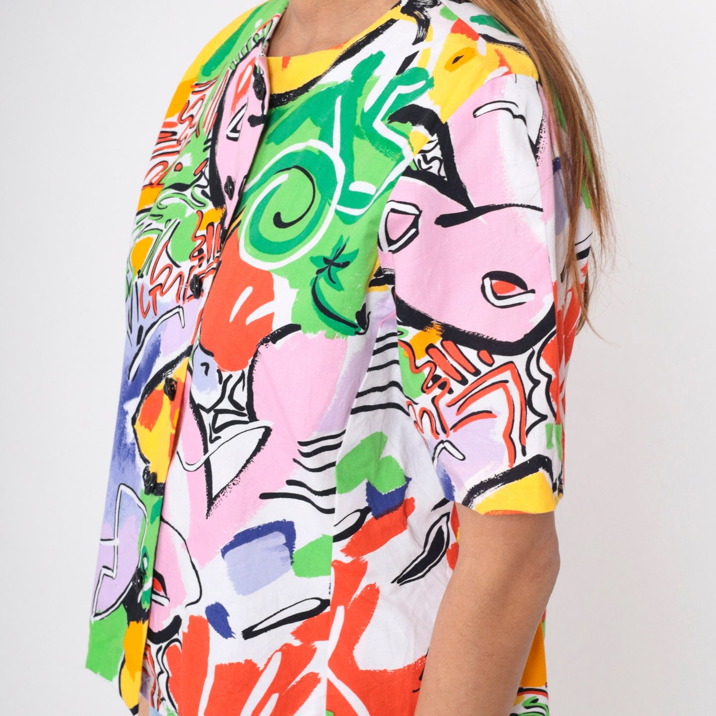 90s Abstract Tropical Button-Up Blouse Multicolor Geometric Print Medium
