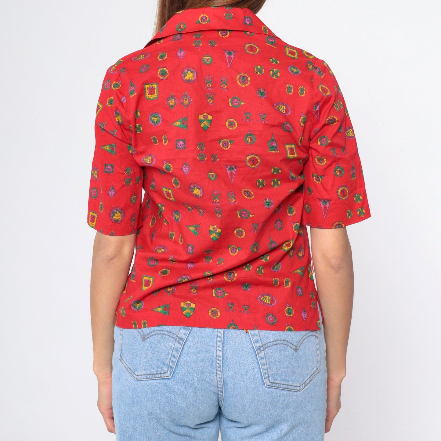 70s Heraldic Crest Print Blouse Red Collegiate Military V-Neck Small S