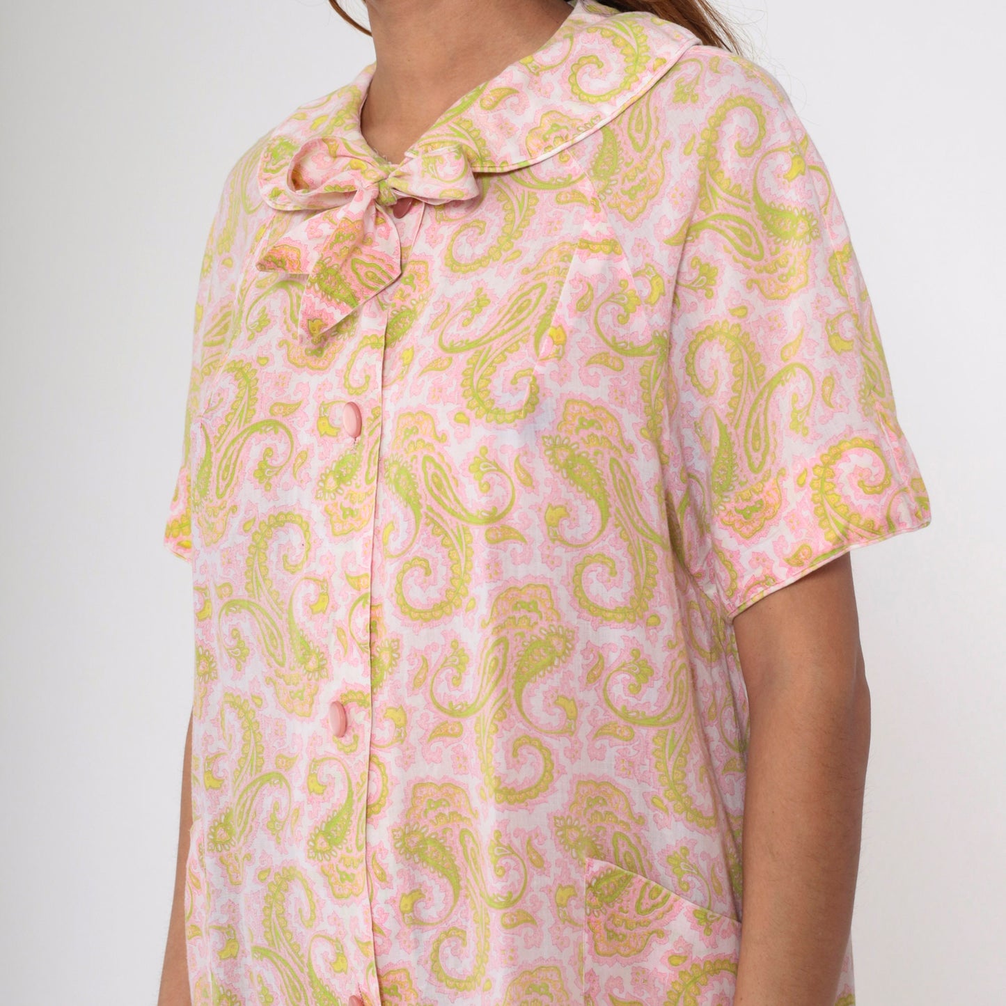 60s Paisley Nightgown Peter Pan Collar Button-Up Midi Shift Dress Pink Green Large L