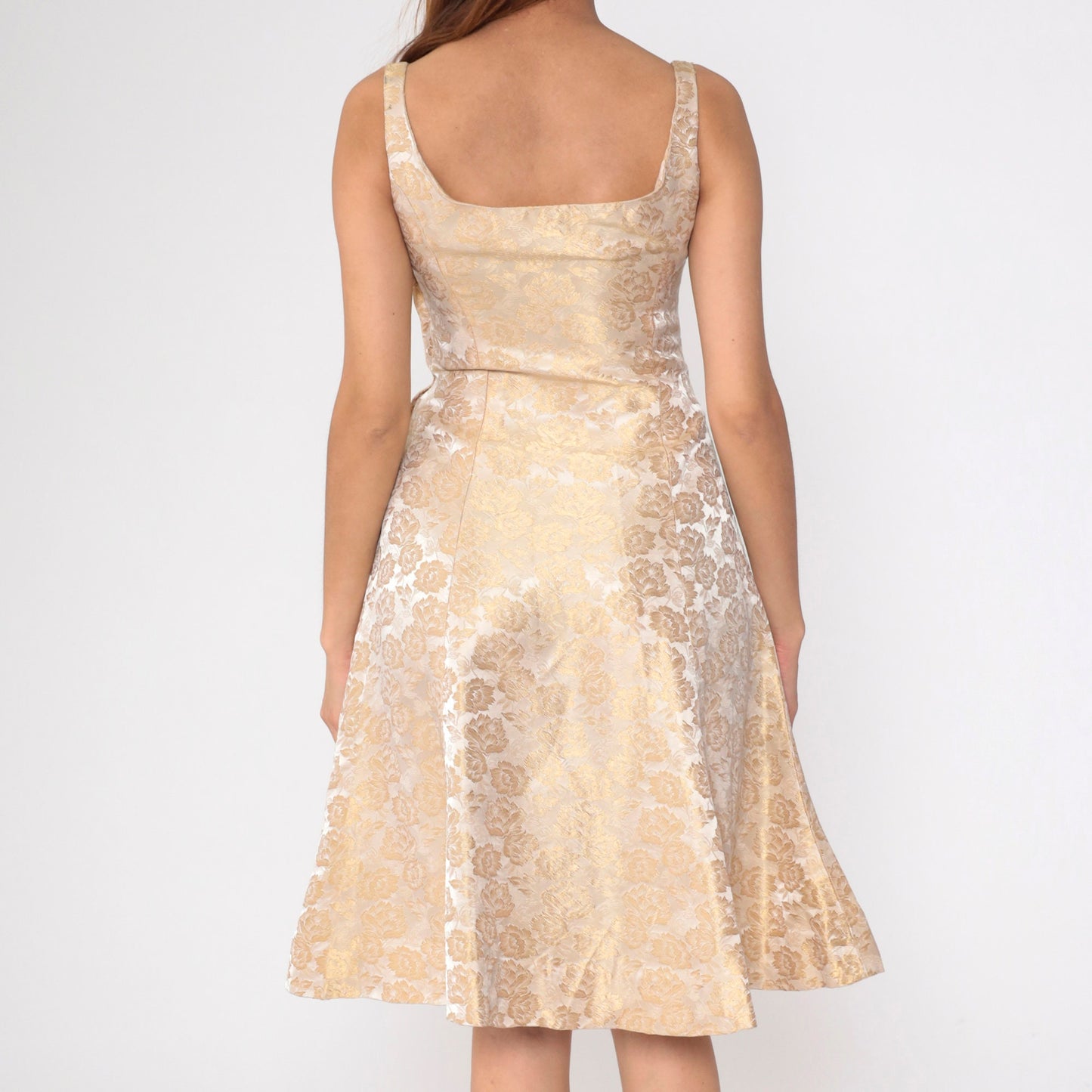 60s Metallic Champagne Floral Brocade Dress Sleeveless Fit Flare Knee Length Small