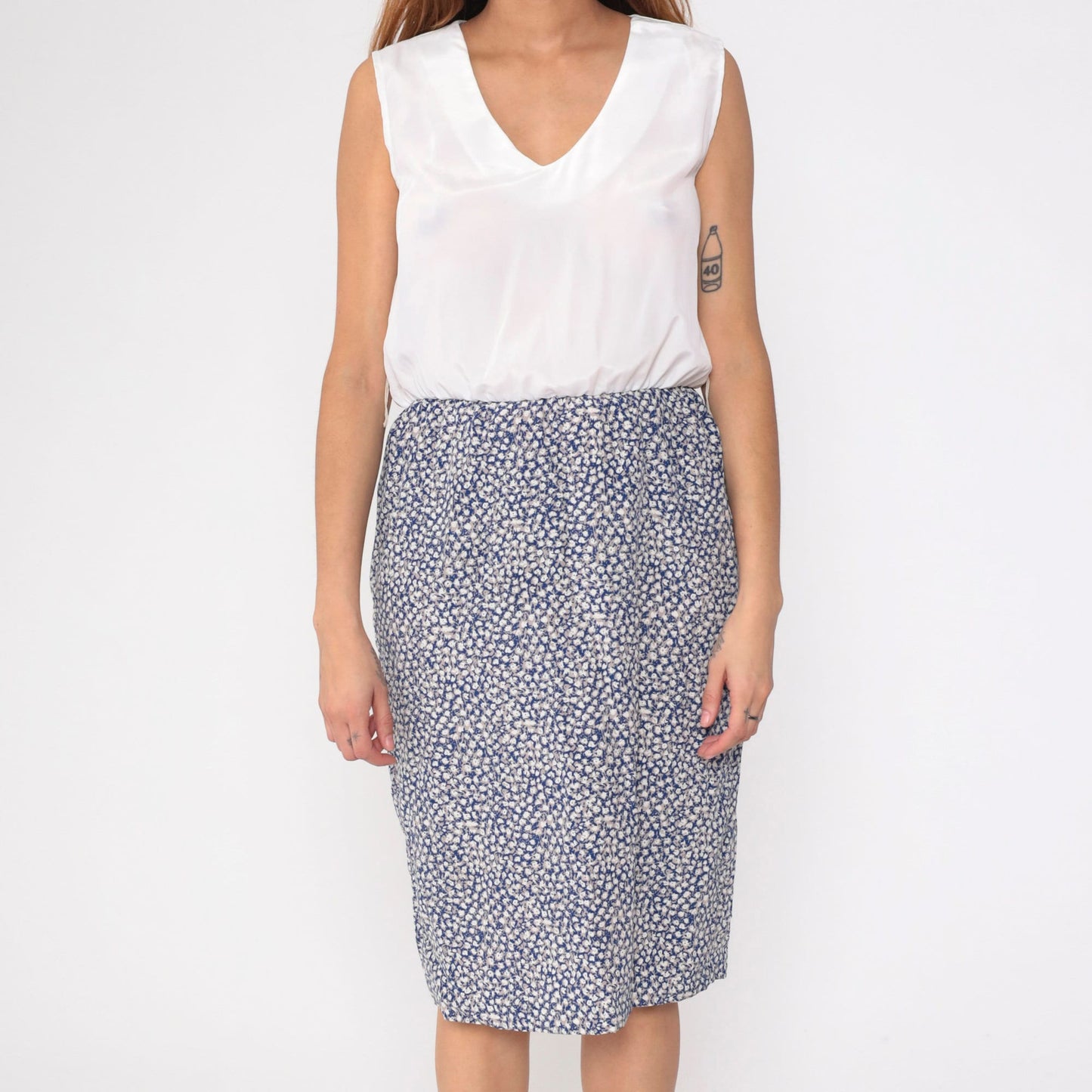 80s Perceptions Blue Ditsy Floral Midi Dress Blouson Bodice Sleeveless Small