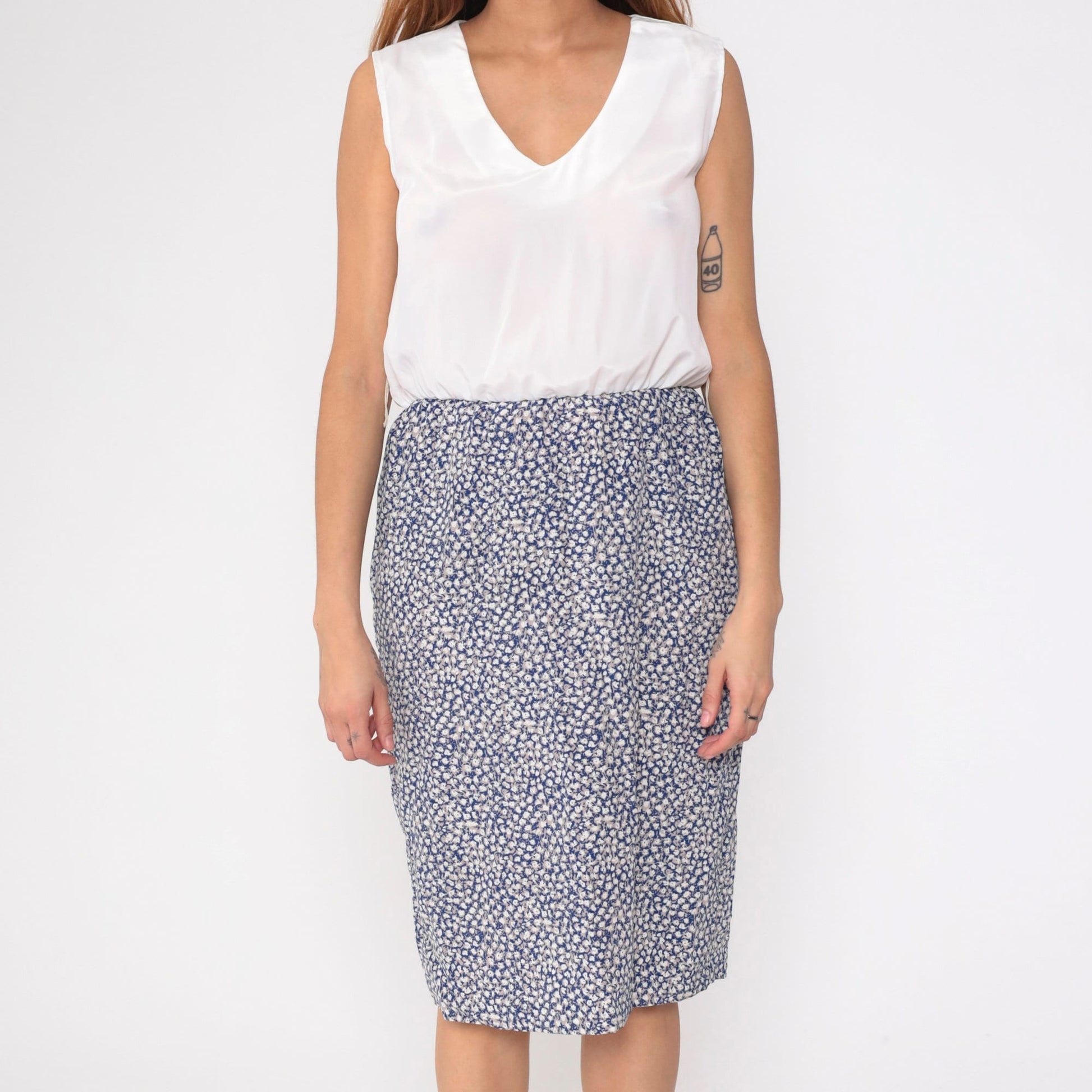 80s Perceptions Blue Ditsy Floral Midi Dress Blouson Bodice Sleeveless Small