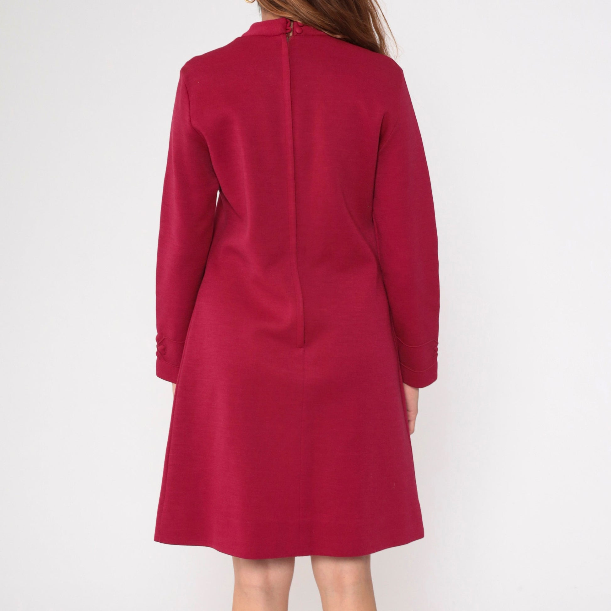 70s Burgundy Heart Wool Blend Shift Dress Long Sleeve Mini Medium