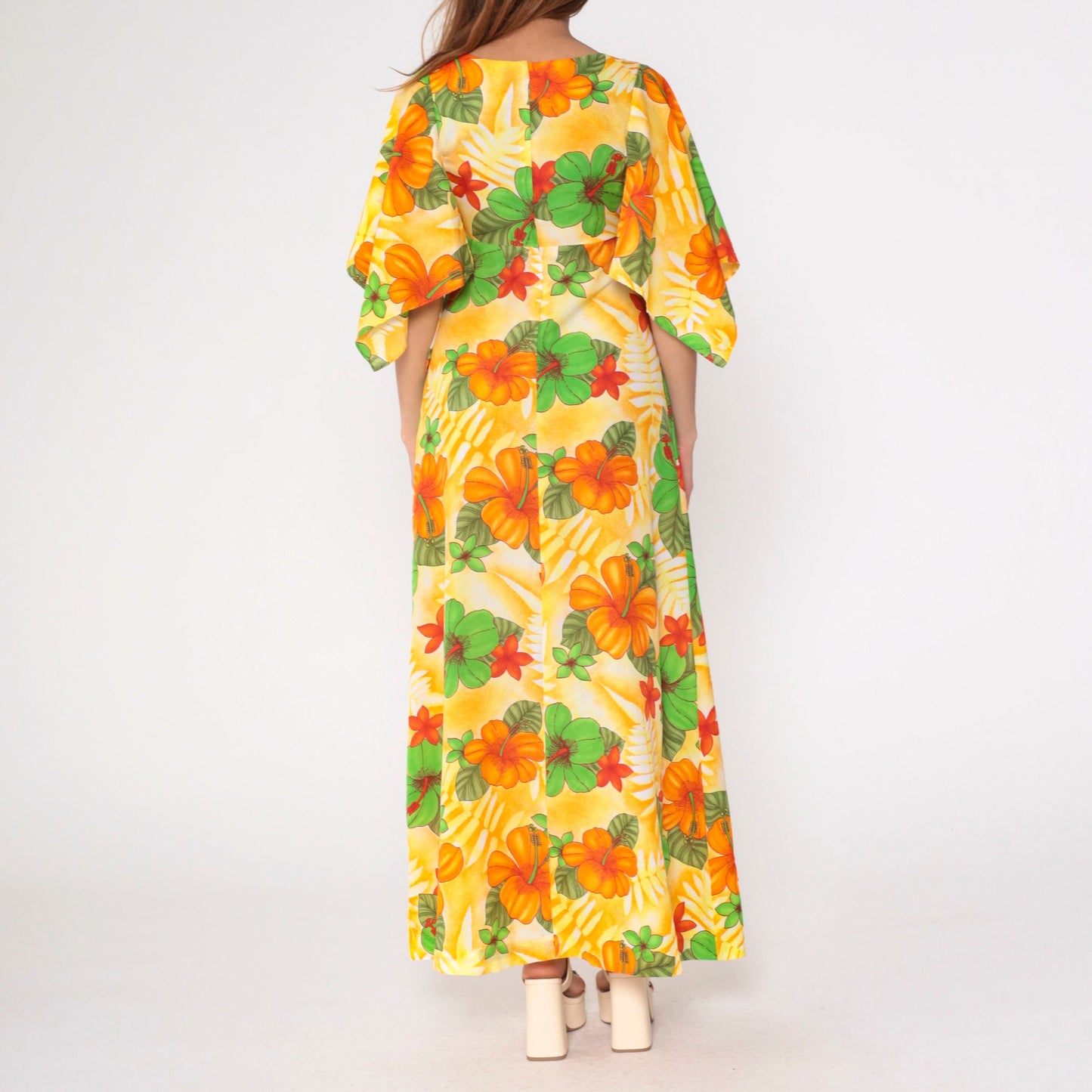 70s Pomare Hawaiian Floral Maxi Dress Angel Sleeve Empire Waist Small