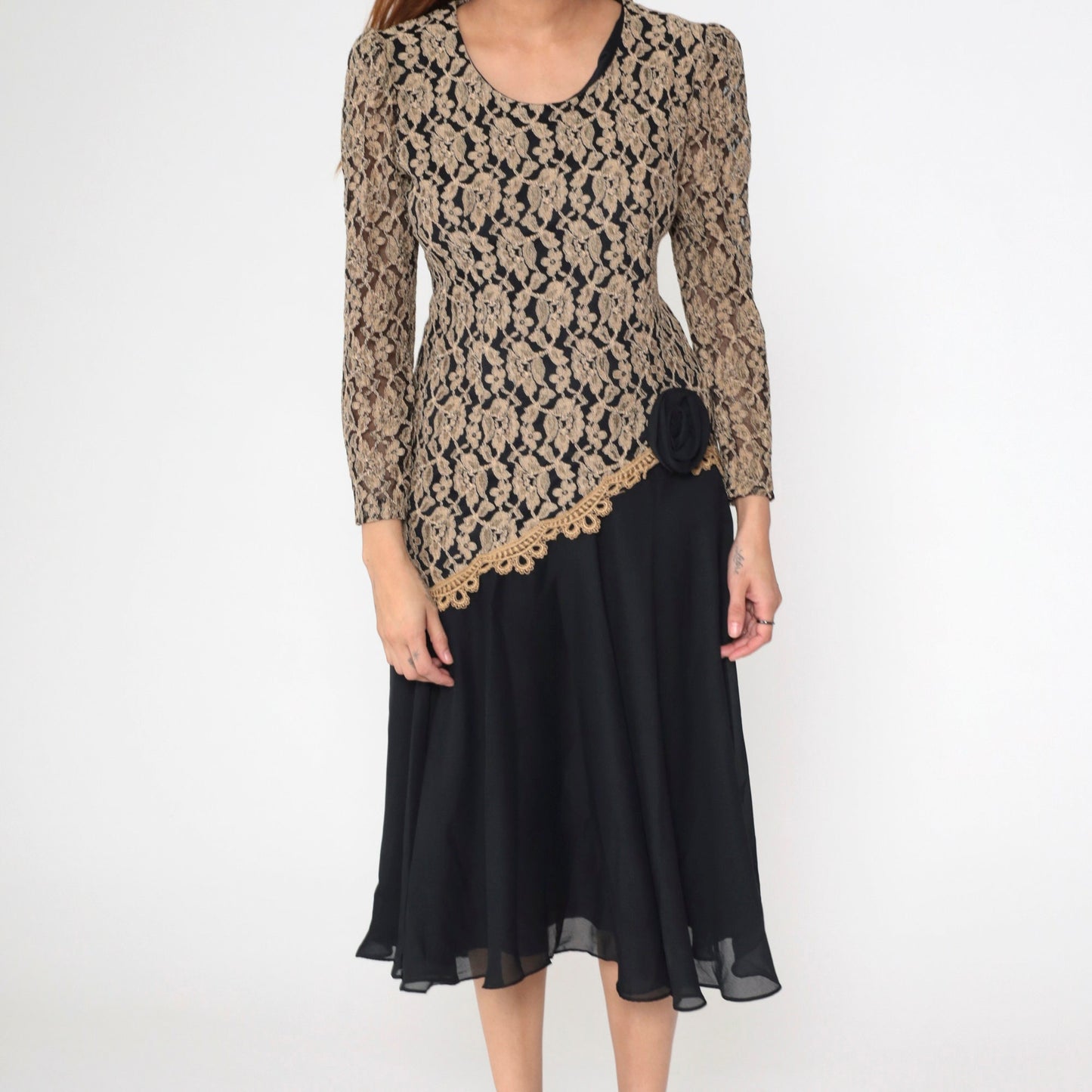 80s Black Tan Lace Chiffon Midi Dress Puff Sleeve Drop Waist Medium