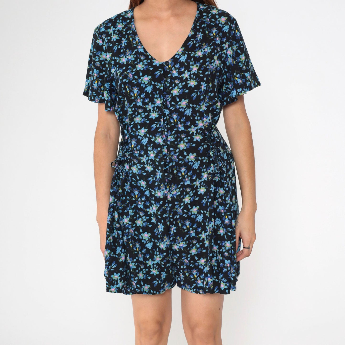 90s Lauren Brooke Floral Romper Black Blue Button Up Wide Leg Medium
