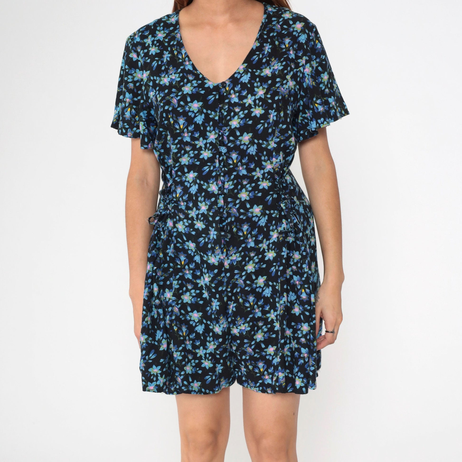 90s Lauren Brooke Floral Romper Black Blue Button Up Wide Leg Medium