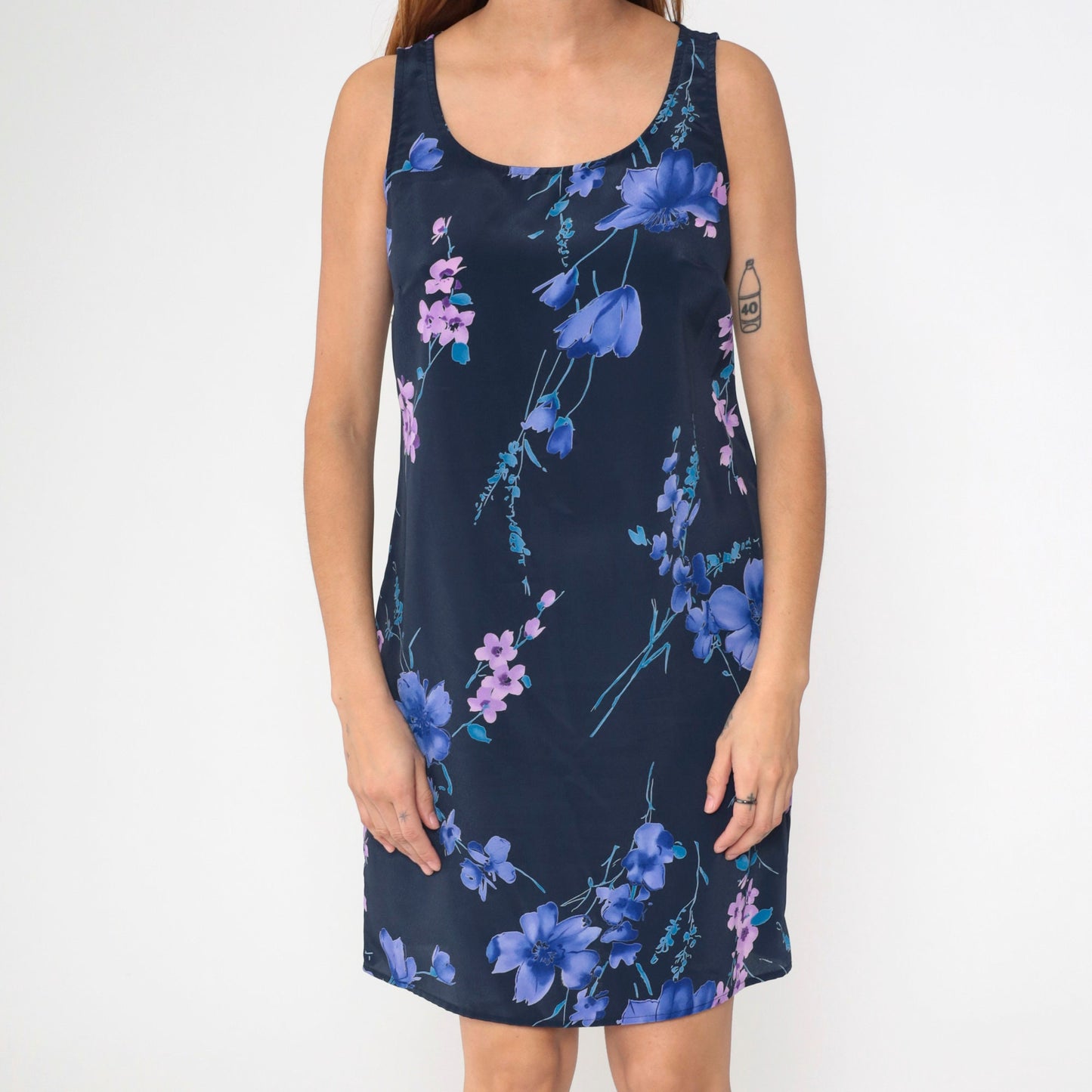 90s Hillard & Hanson Floral Mini Shift Dress Navy Sleeveless Small