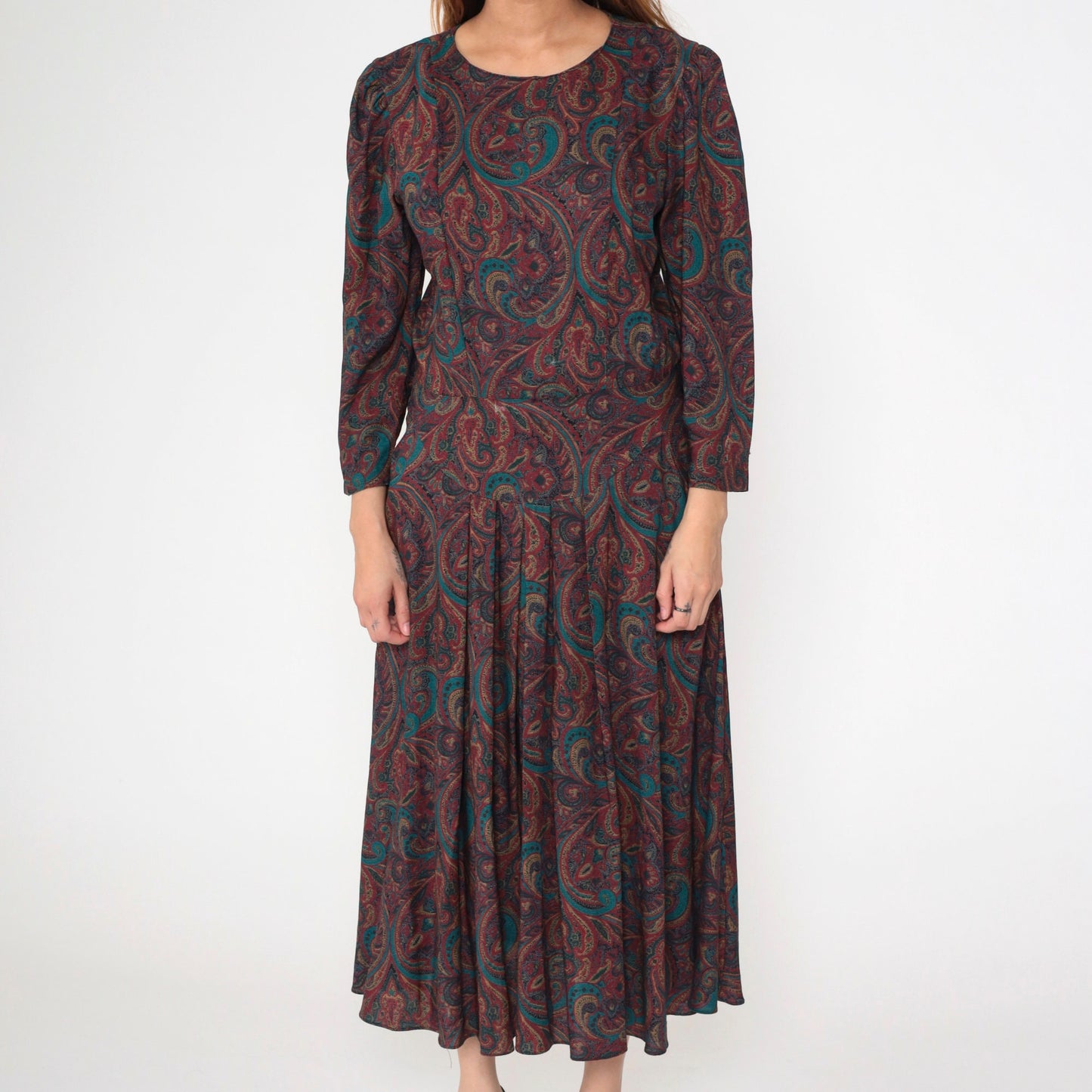 80s Paisley Midi Dress Puff Sleeve Drop Waist Pleated Pockets Medium