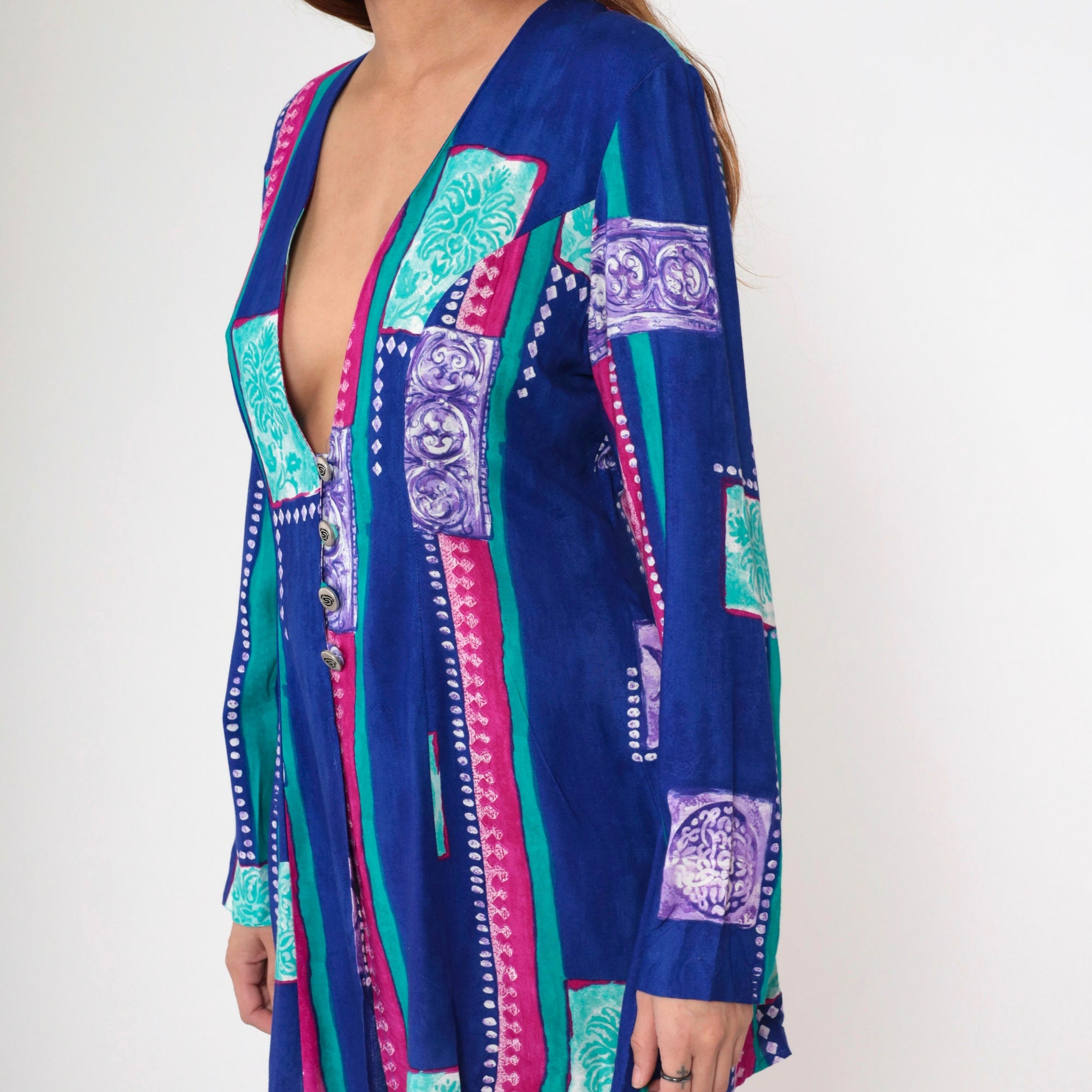 90s Anthony Mark Hankins Floral Striped Button-Up Blouse Deep V Neck Blue Medium