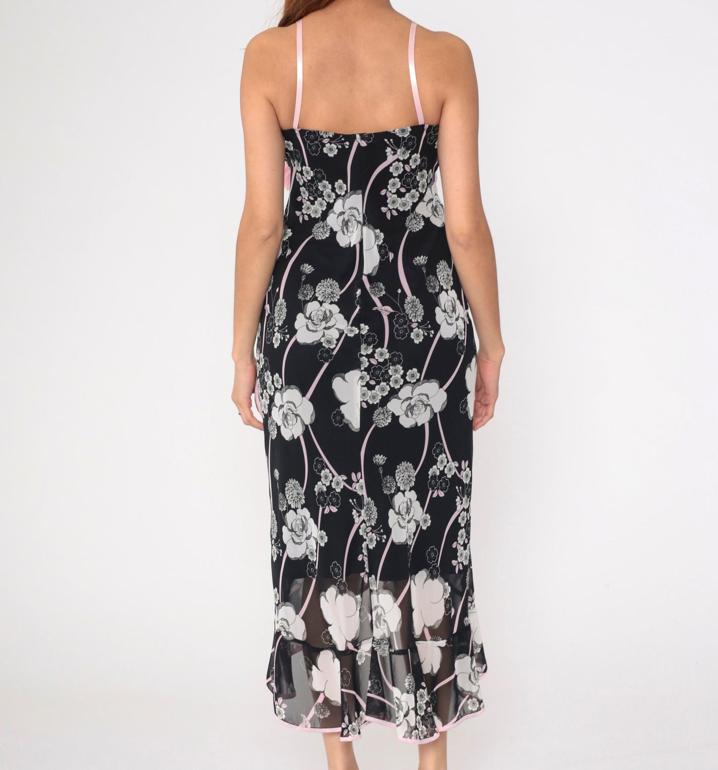 00s Black Floral Midi Sundress Baby Pink Bow Empire Waist Spaghetti Strap Medium