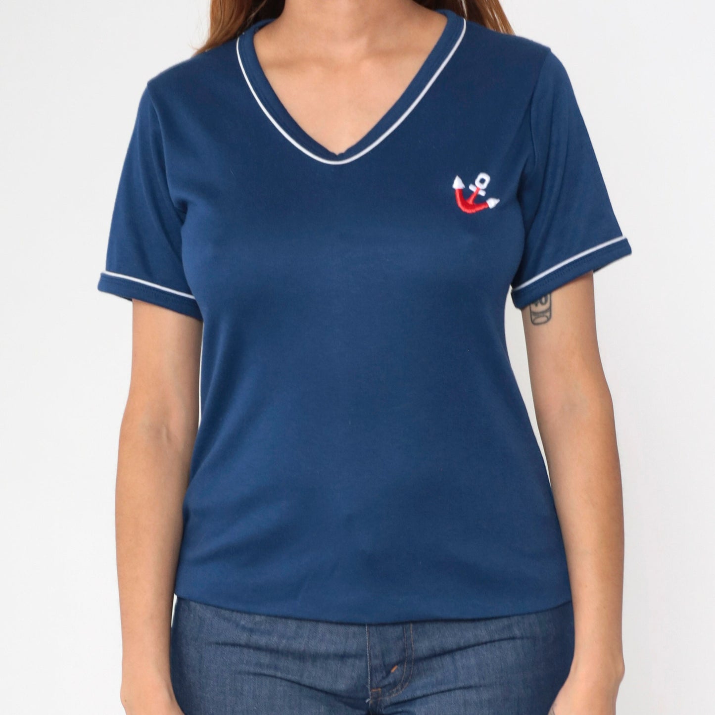 80s Navy Anchor Embroidered Ringer T-Shirt White Trim Small
