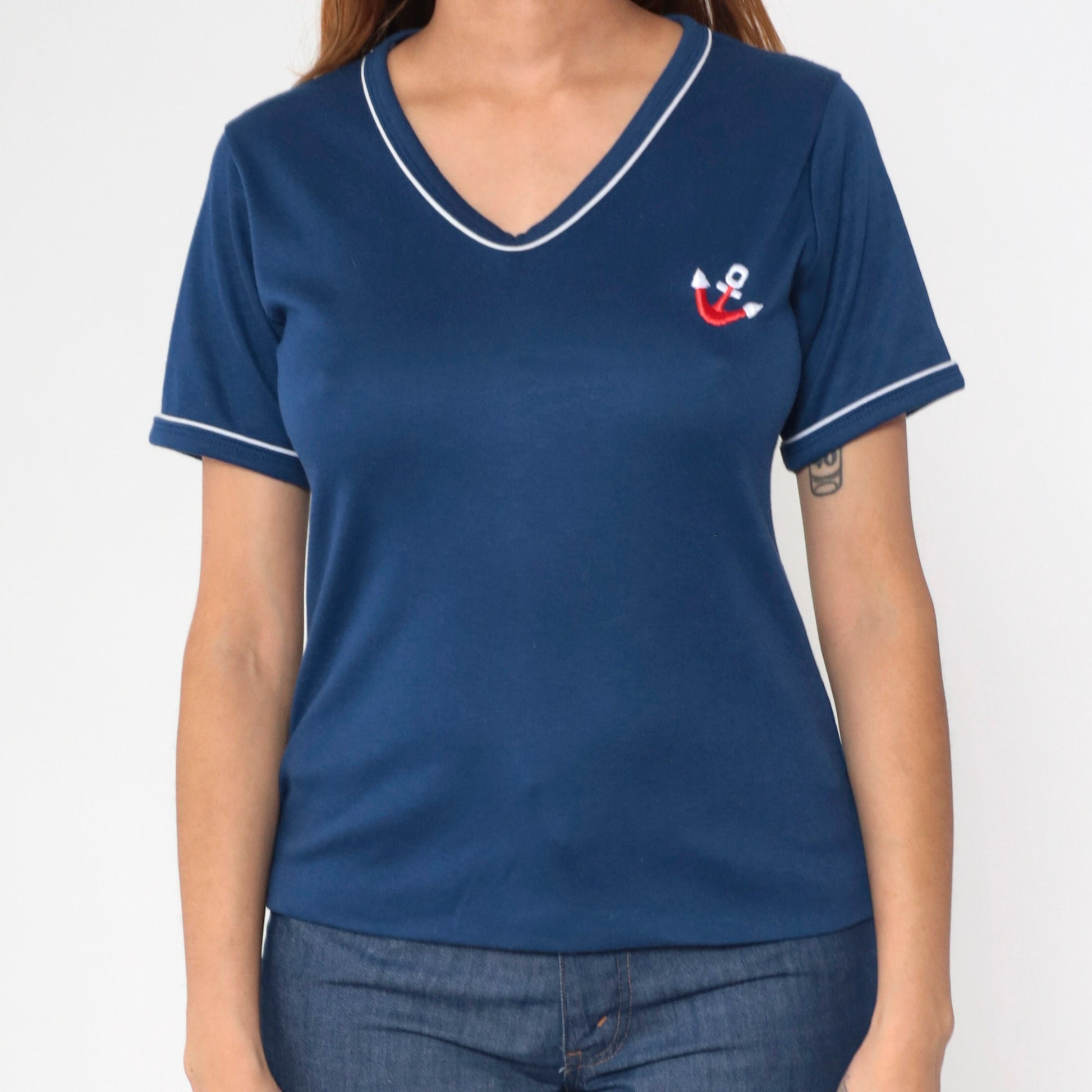 80s Navy Anchor Embroidered Ringer T-Shirt White Trim Small
