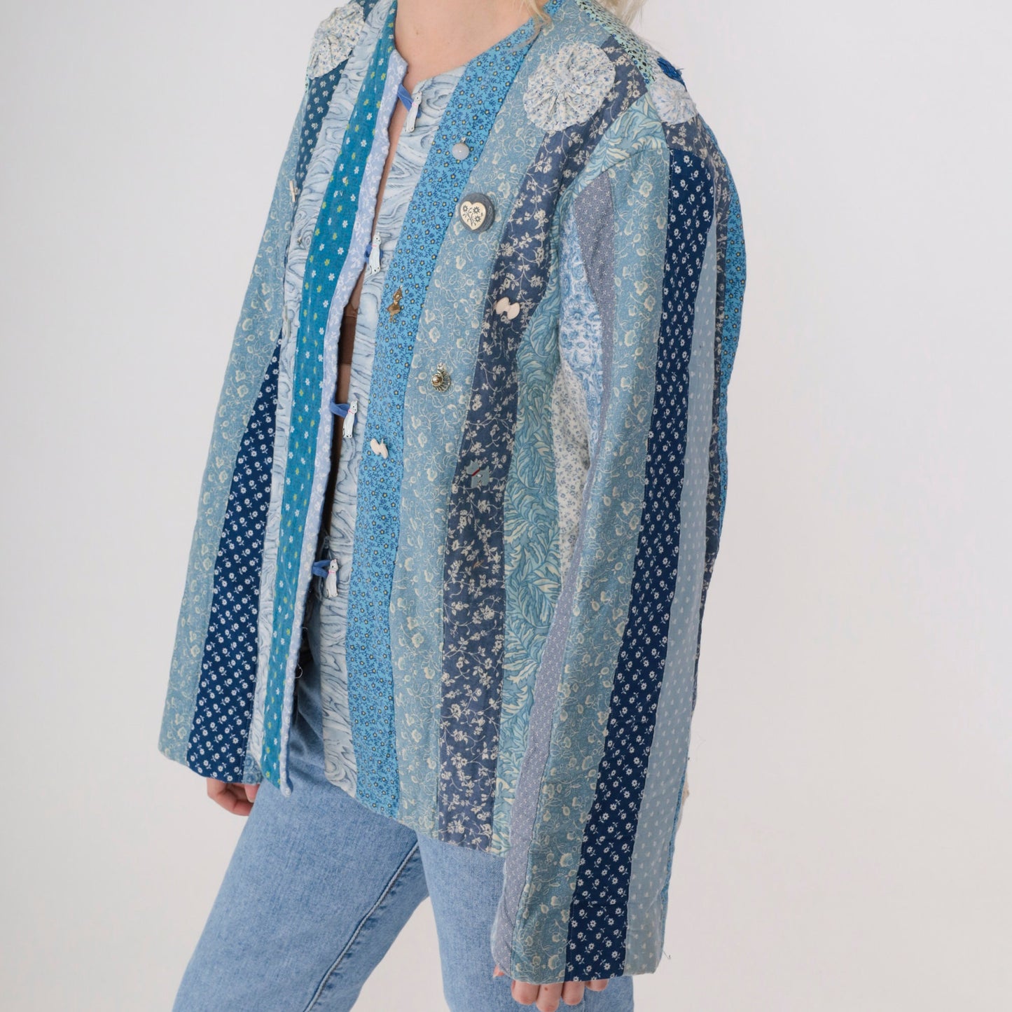 90s Patchwork Jacket Floral Quilt Blue Girl Cat Dog Button Charm Large L