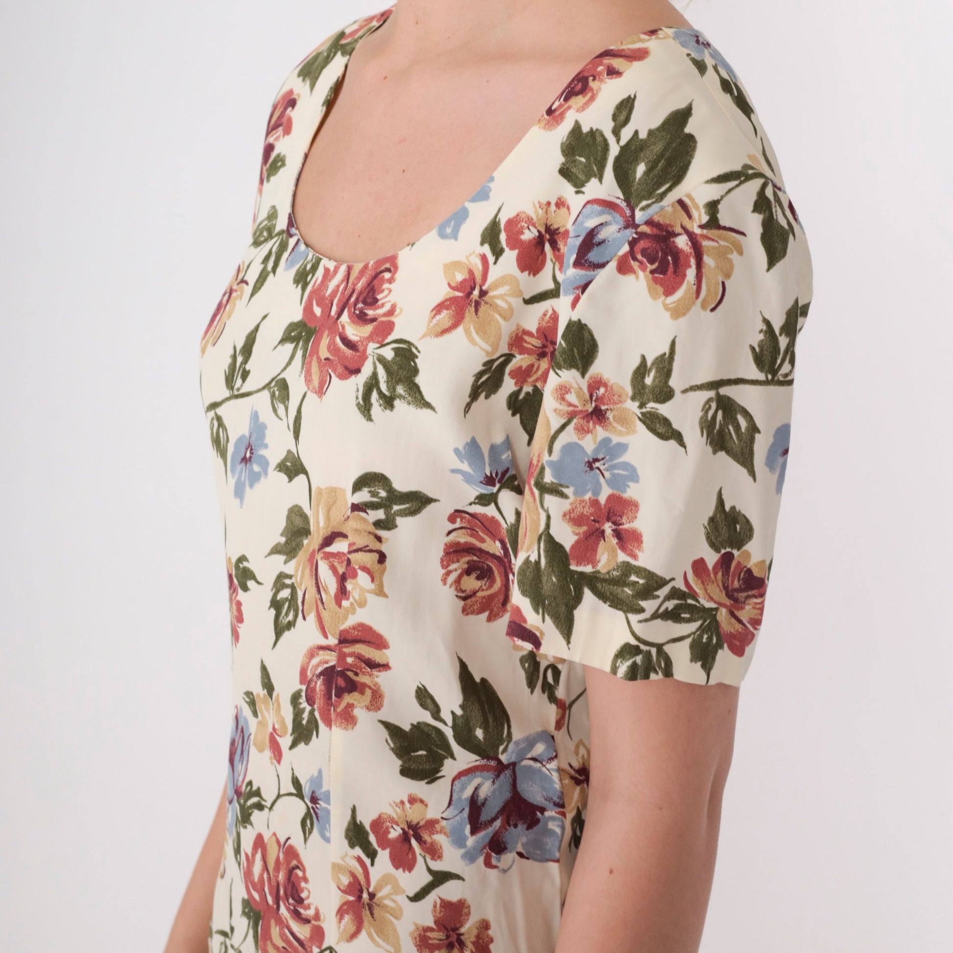 90s Pale Yellow Floral Mini Dress Scoop Neck Short Sleeve Small