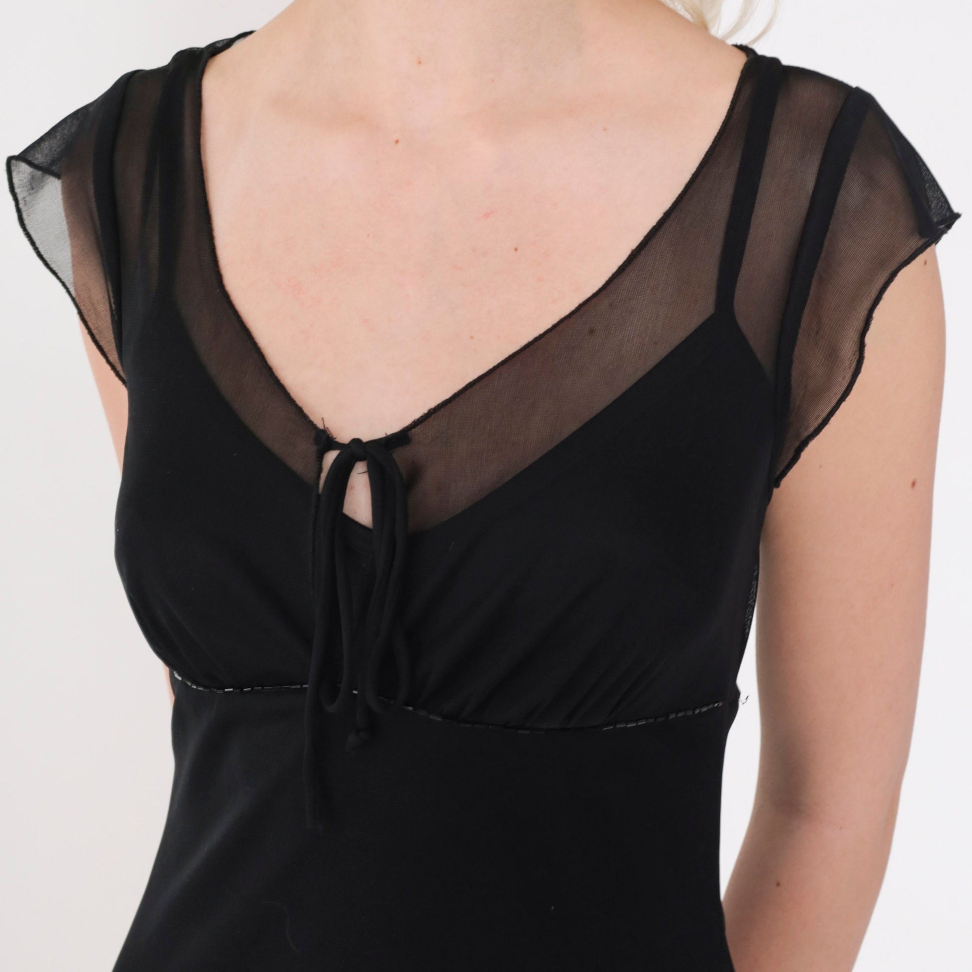 00s Black Beaded Midi Dress Sheer Cap Sleeve Empire Waist Keyhole Tie Neck Small
