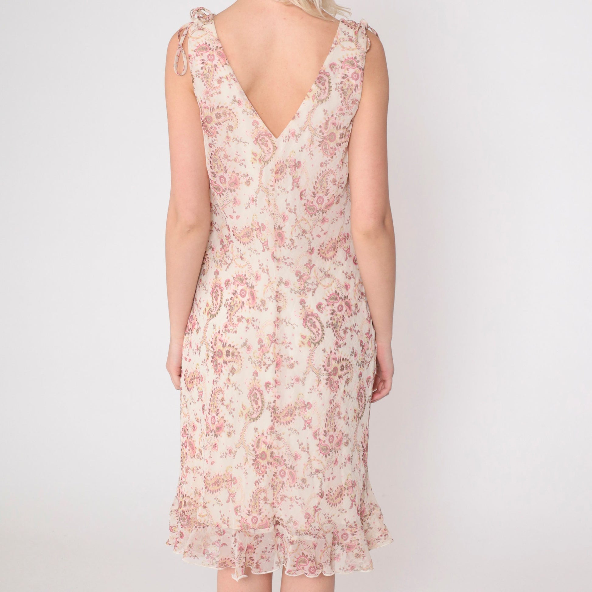Y2K Paisley Chiffon Midi Dress Off-White Pink Empire Waist Surplice Medium