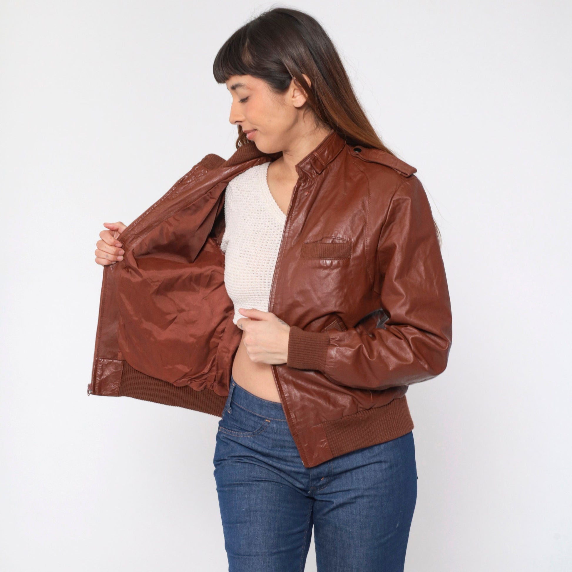 80s Brown Leather Bomber Jacket Moto Zip Shoulder Epaulette Men's Medium