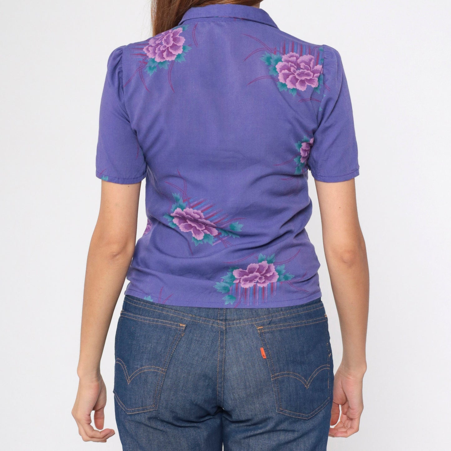 80s Purple Floral Puff Sleeve Button-Up Blouse Collared Shirt Small