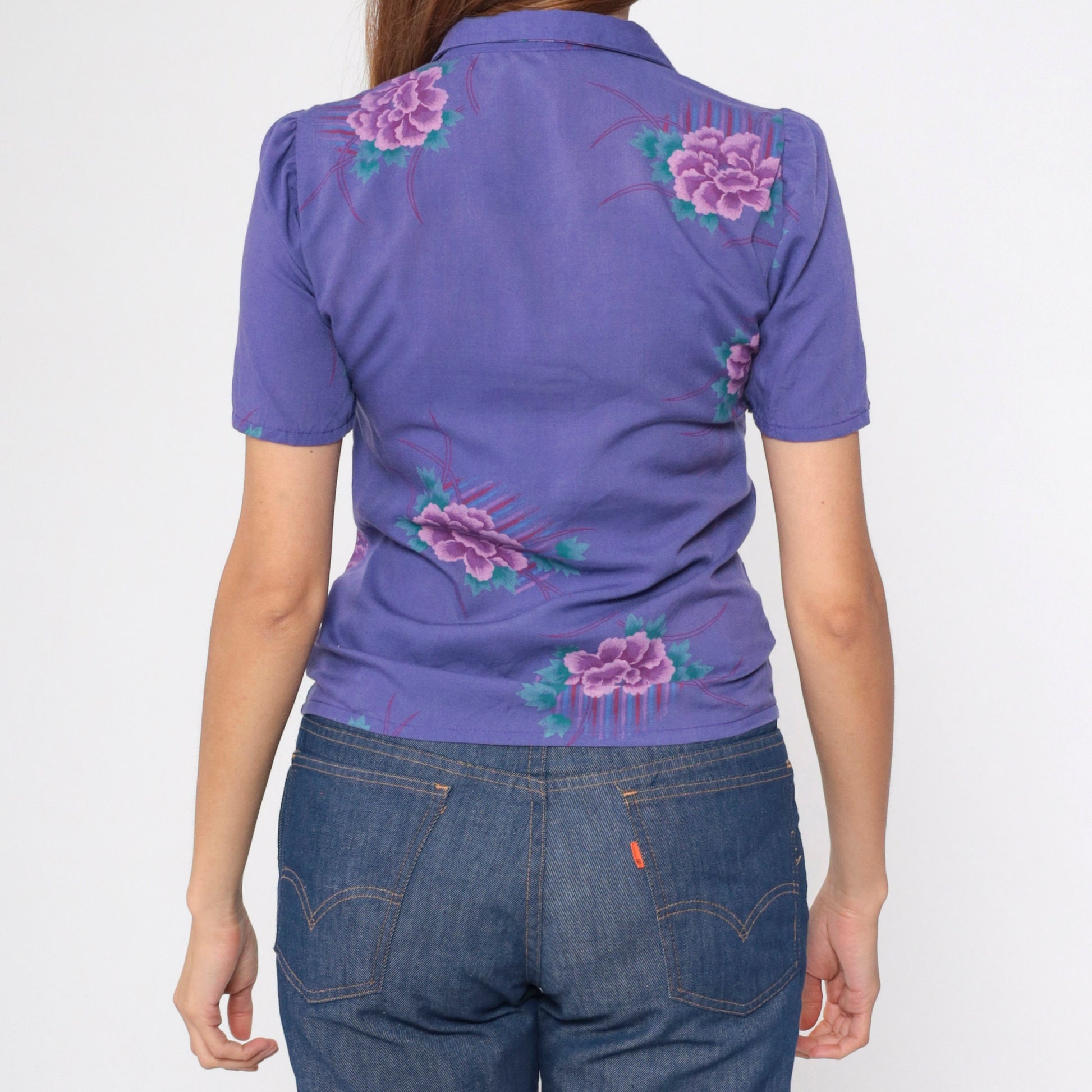 80s Purple Floral Puff Sleeve Button-Up Blouse Collared Shirt Small