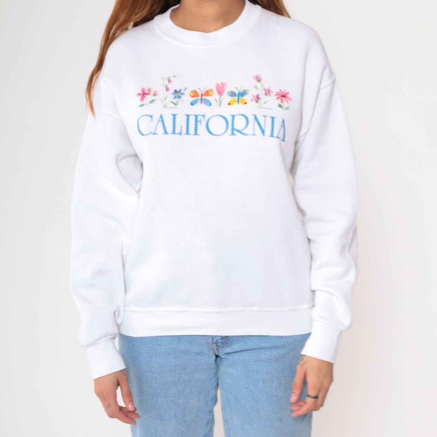 90s California Butterfly Floral Graphic Sweatshirt White Crewneck Small