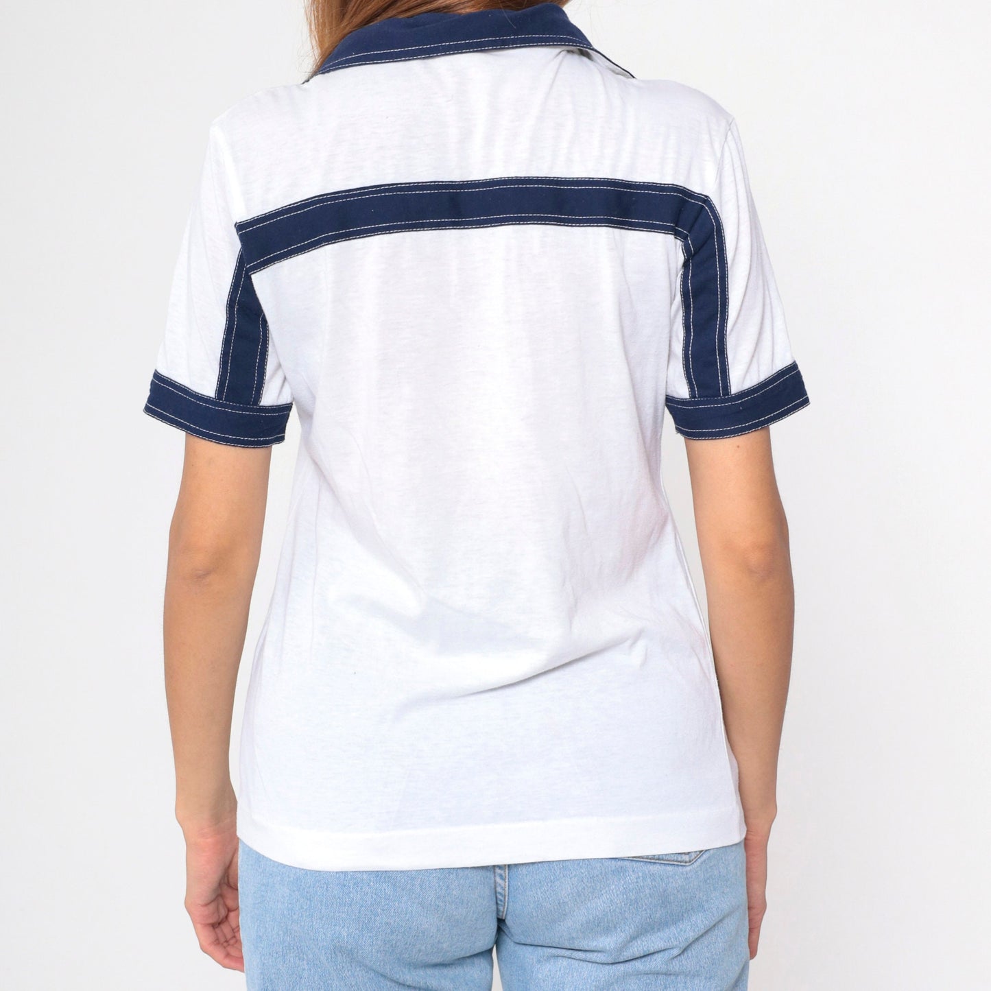 70s Striped Polo Shirt White Navy Blue Dagger Collar Short Sleeve Small